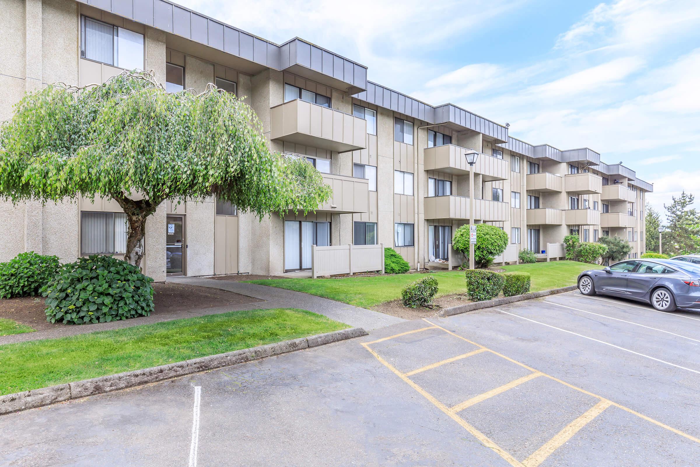 Exterior view of a multi-story apartment building with balconies. A large tree is in front, along with landscaped bushes. The parking lot is visible, with parked cars and marked spaces. The scene is set under a clear sky, suggesting a pleasant day.