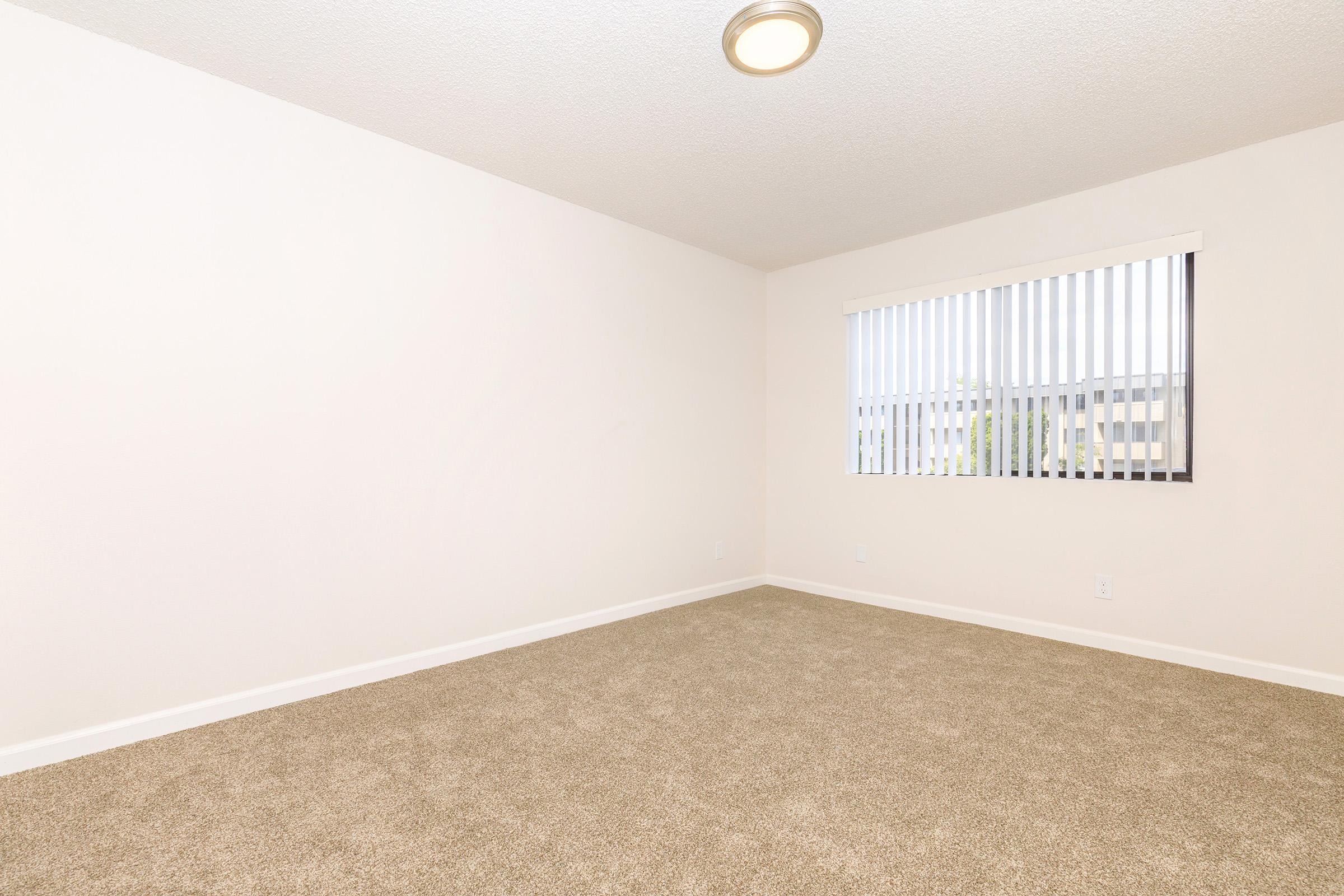 Interior of an empty room featuring light beige carpet flooring, white walls, and a window with vertical blinds. The ceiling has a simple light fixture, and the room has a spacious, minimalist feel with no furniture or decorations.