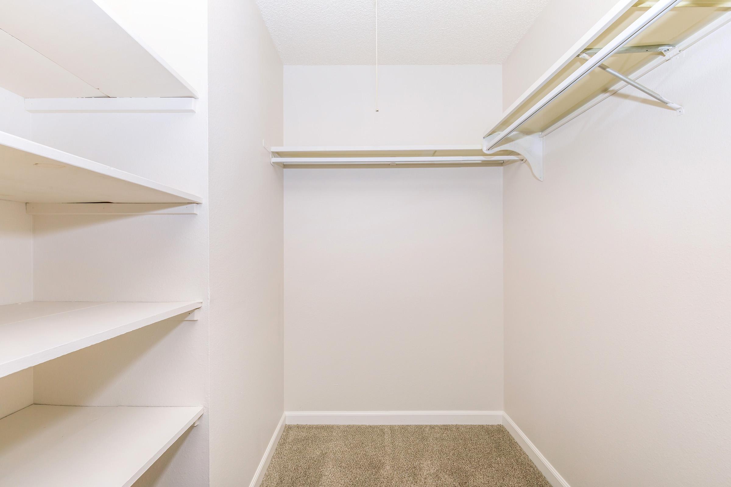 Empty closet with white walls, a hanging rack, and light beige carpet. One side features built-in white shelves for storage. The space is well-lit and clean, providing a minimalistic and organized look.