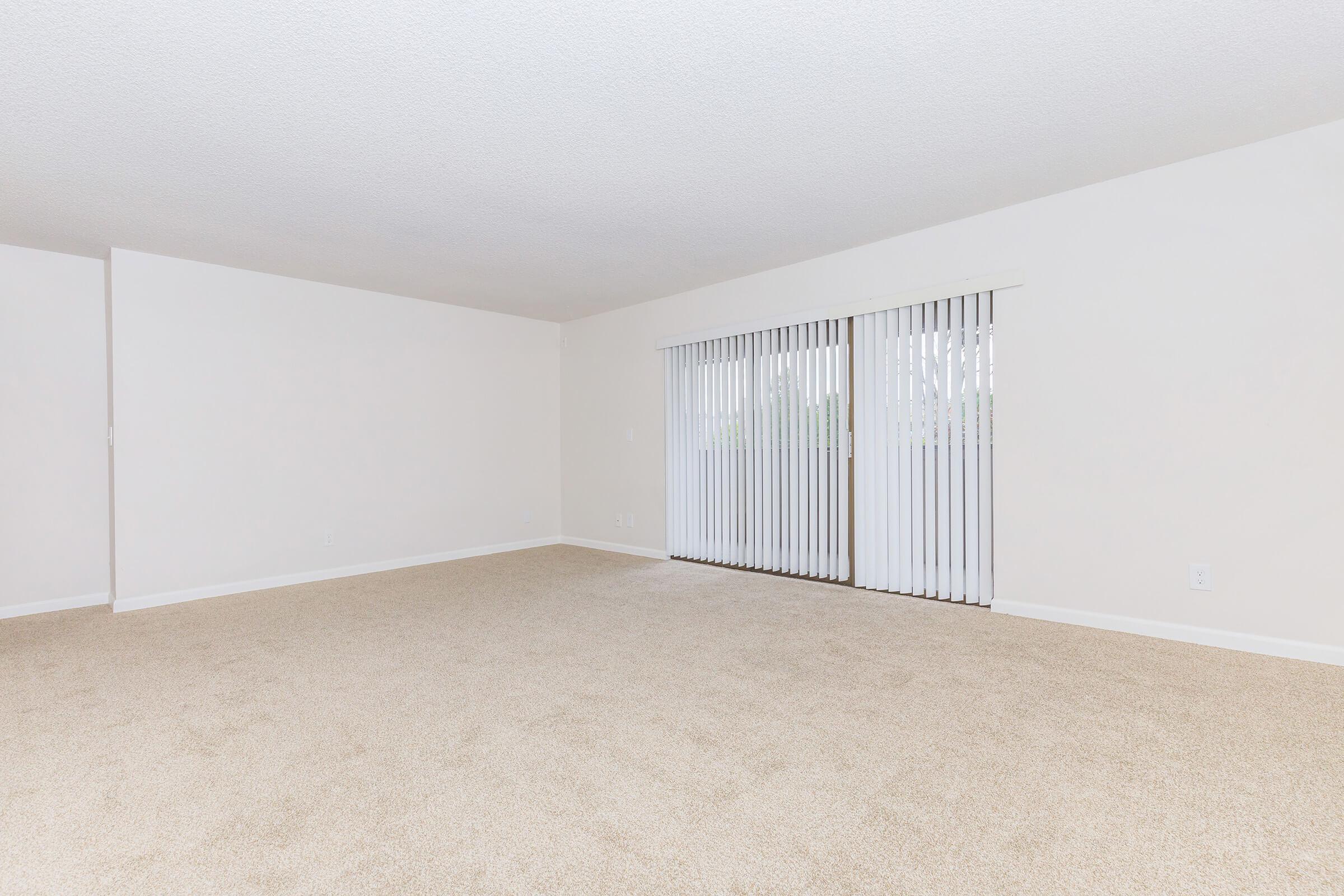 A spacious, empty living room with light beige carpet. The walls are painted white, and there are vertical blinds covering a large window that lets in natural light. The room has a plain, clean appearance, ideal for personalization or furnishing.