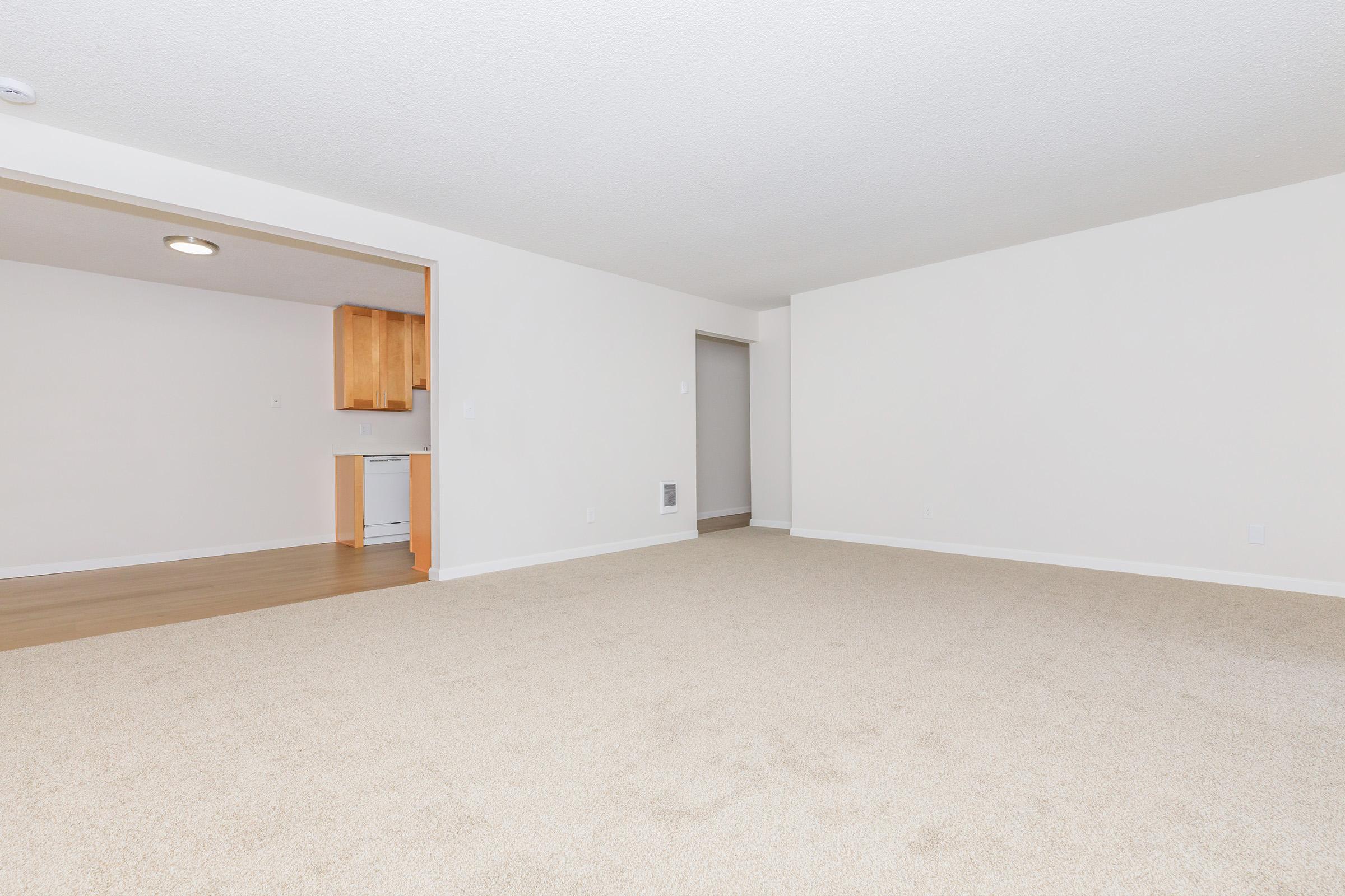 Empty living room with light-colored carpet and white walls. A small open kitchen area is visible through a doorway on the left, featuring wooden cabinetry. The room is well-lit, with a ceiling light fixture and minimal furniture. The overall ambiance is clean and spacious, suitable for various decorating styles.