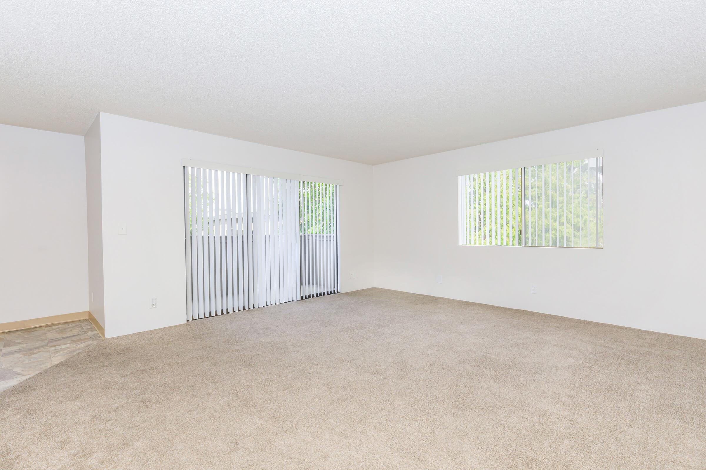 Spacious living room with light beige carpet, large windows with vertical blinds, and neutral walls. Natural light streams in, creating an inviting atmosphere. The layout is open, with ample space for furniture arrangement. Ideal for creating a comfortable living area.