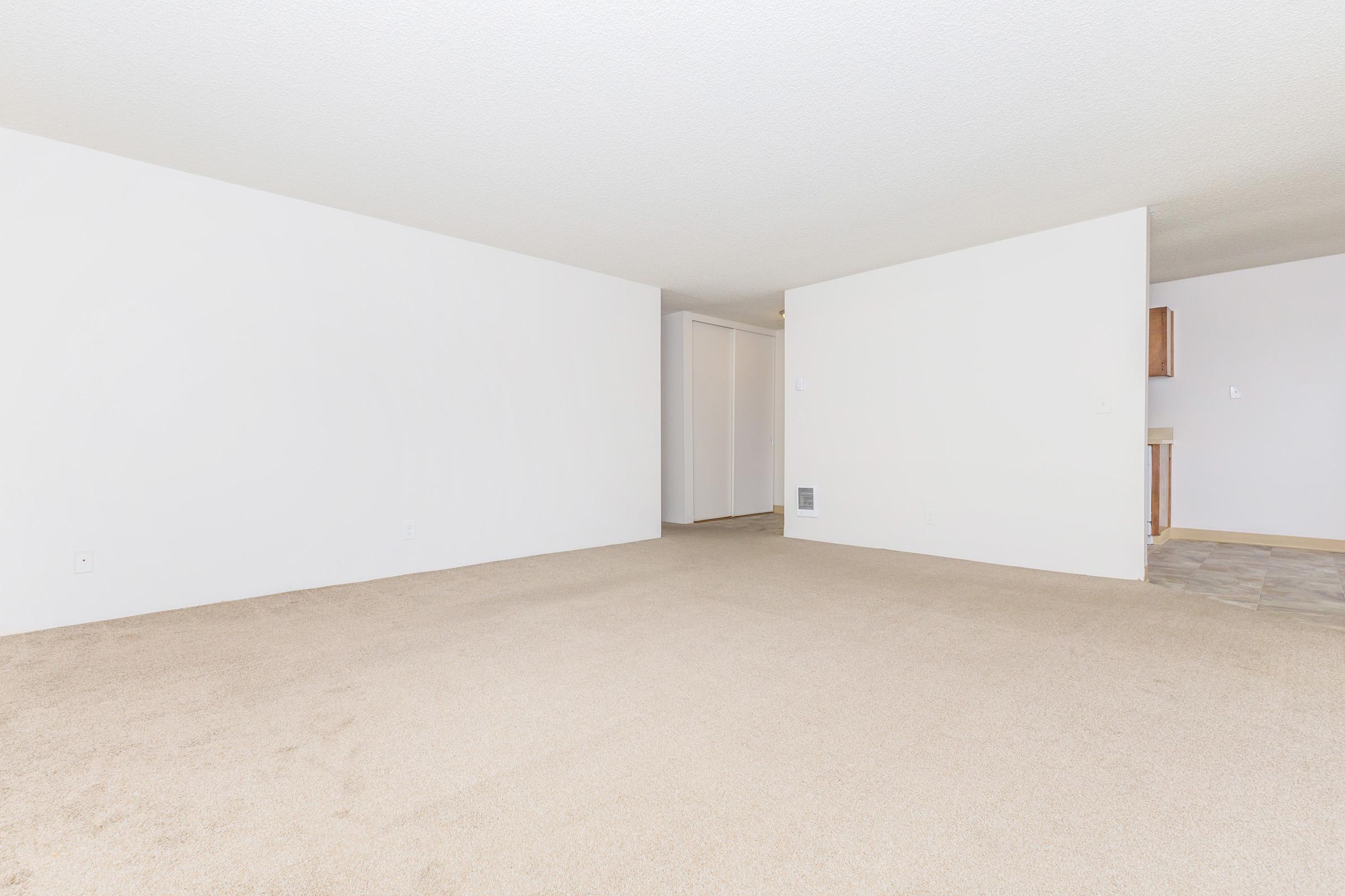 A spacious, empty room featuring beige carpet and light-colored walls. There's a doorway on the left leading to another area, with a small kitchen visible in the background on the right. The overall atmosphere is bright and neutral, ideal for decorating or furnishing according to personal taste.