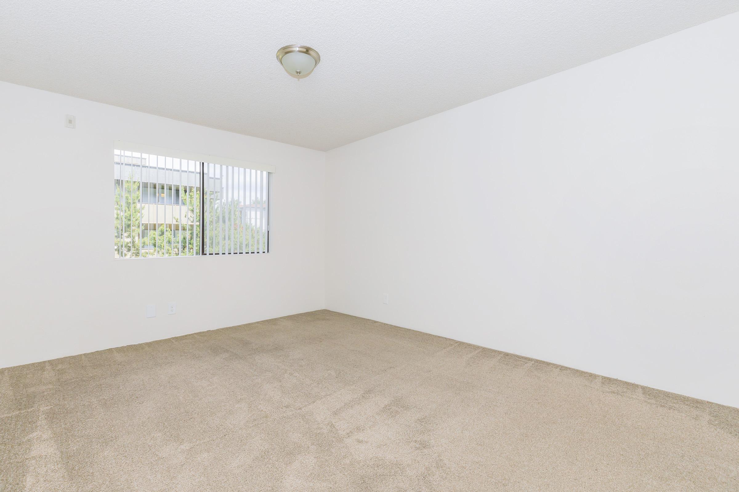 A spacious, unfurnished room with beige carpeting and white walls. A large window with vertical blinds allows natural light to enter, illuminating the area. The ceiling features a simple light fixture, and there are two small wall outlets visible. The overall atmosphere is bright and open.