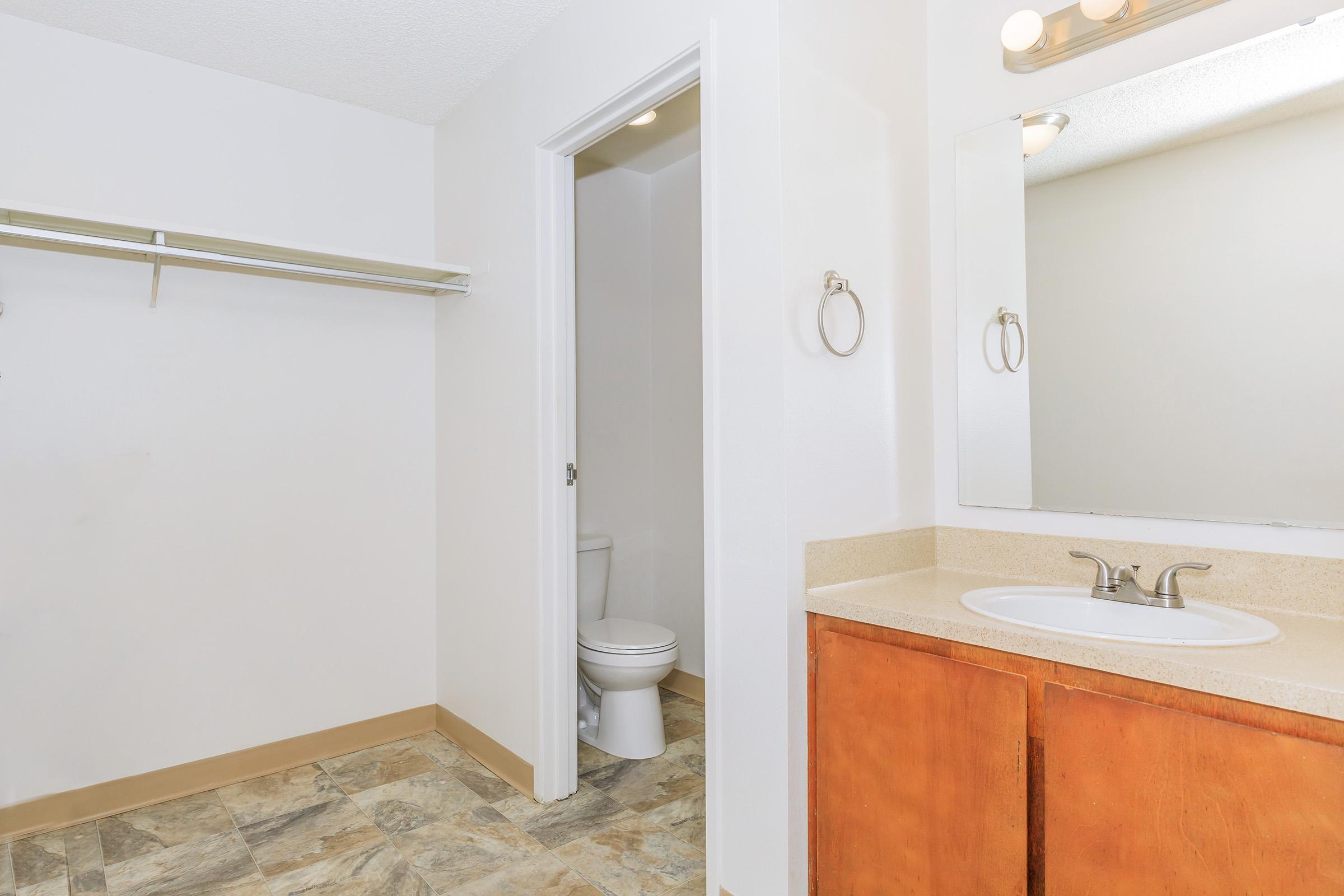 A clean and bright bathroom featuring a mirror above a sink with a single faucet, wooden cabinetry, and a toilet in a separate enclosed area. The floor has a patterned design, and there is an empty wall shelf for storage.