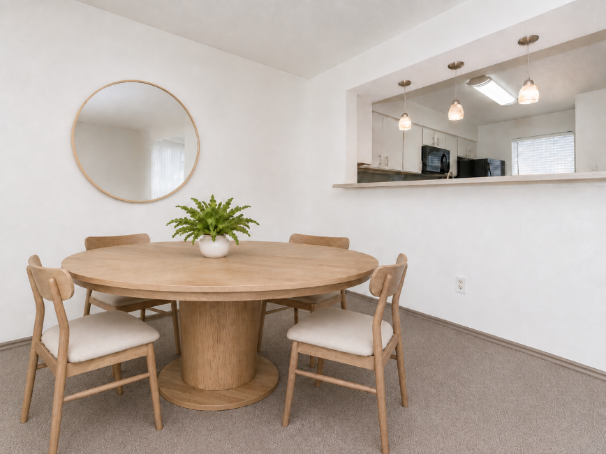A modern dining area featuring a circular wooden table surrounded by four chairs. A decorative plant is centered on the table. The background shows a kitchen area with light fixtures above the bar counter, creating a bright, inviting atmosphere. The walls are painted in a soft, neutral tone.