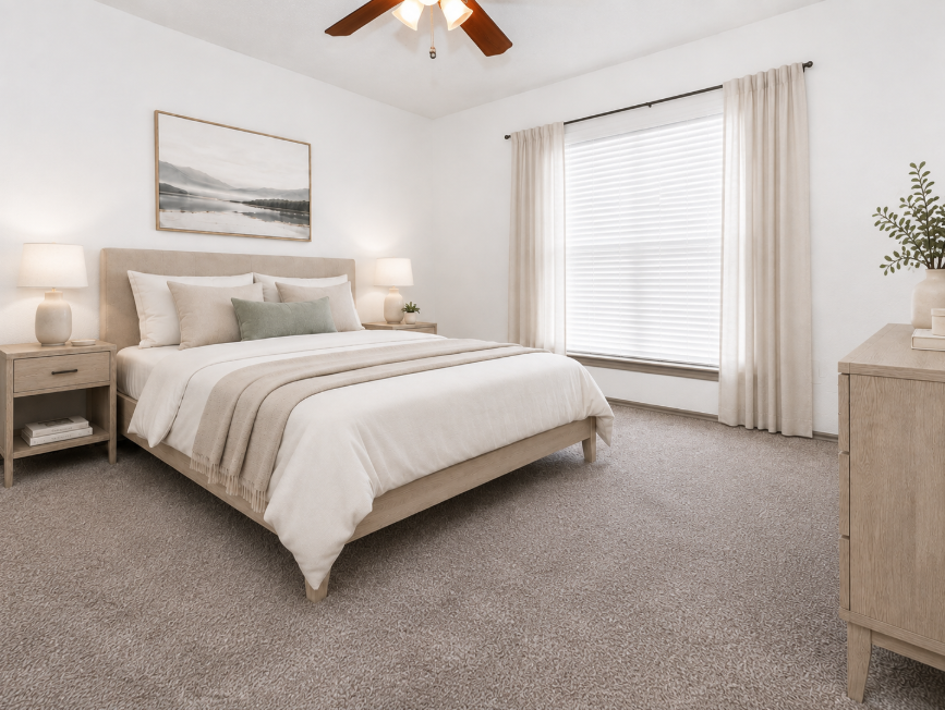 A cozy, modern bedroom featuring a comfortable bed with light-colored bedding and decorative pillows. Soft lighting from bedside lamps creates a warm ambiance. A wooden dresser and a potted plant add charm. Large windows with sheer curtains let in natural light, and a scenic artwork hangs on the wall.