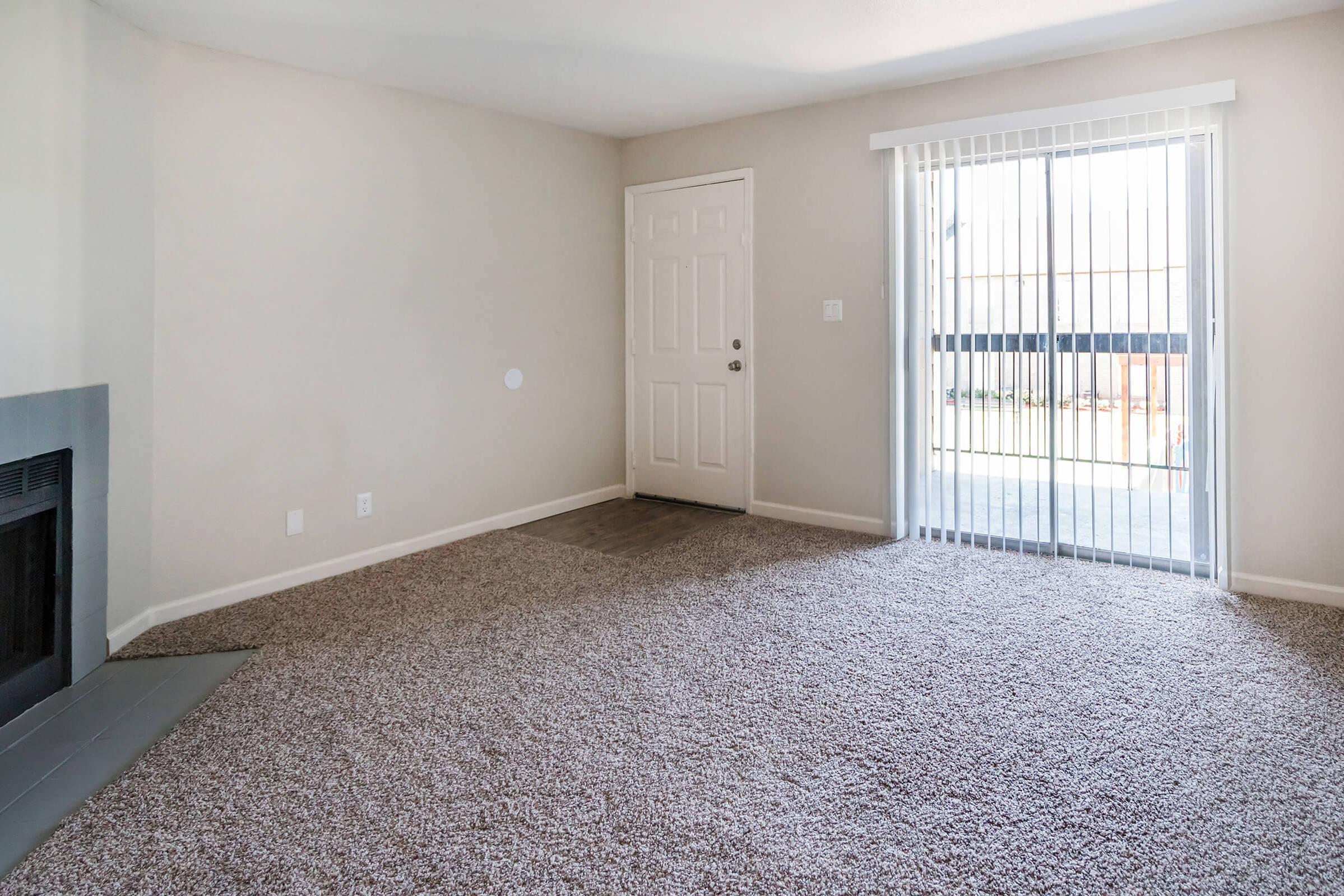 A partially furnished living room with beige walls and carpet. There is a white door leading to an outdoor area, and a large sliding glass door with vertical blinds. A small fireplace is visible on the left side. The space is bright and spacious, indicating a modern design.