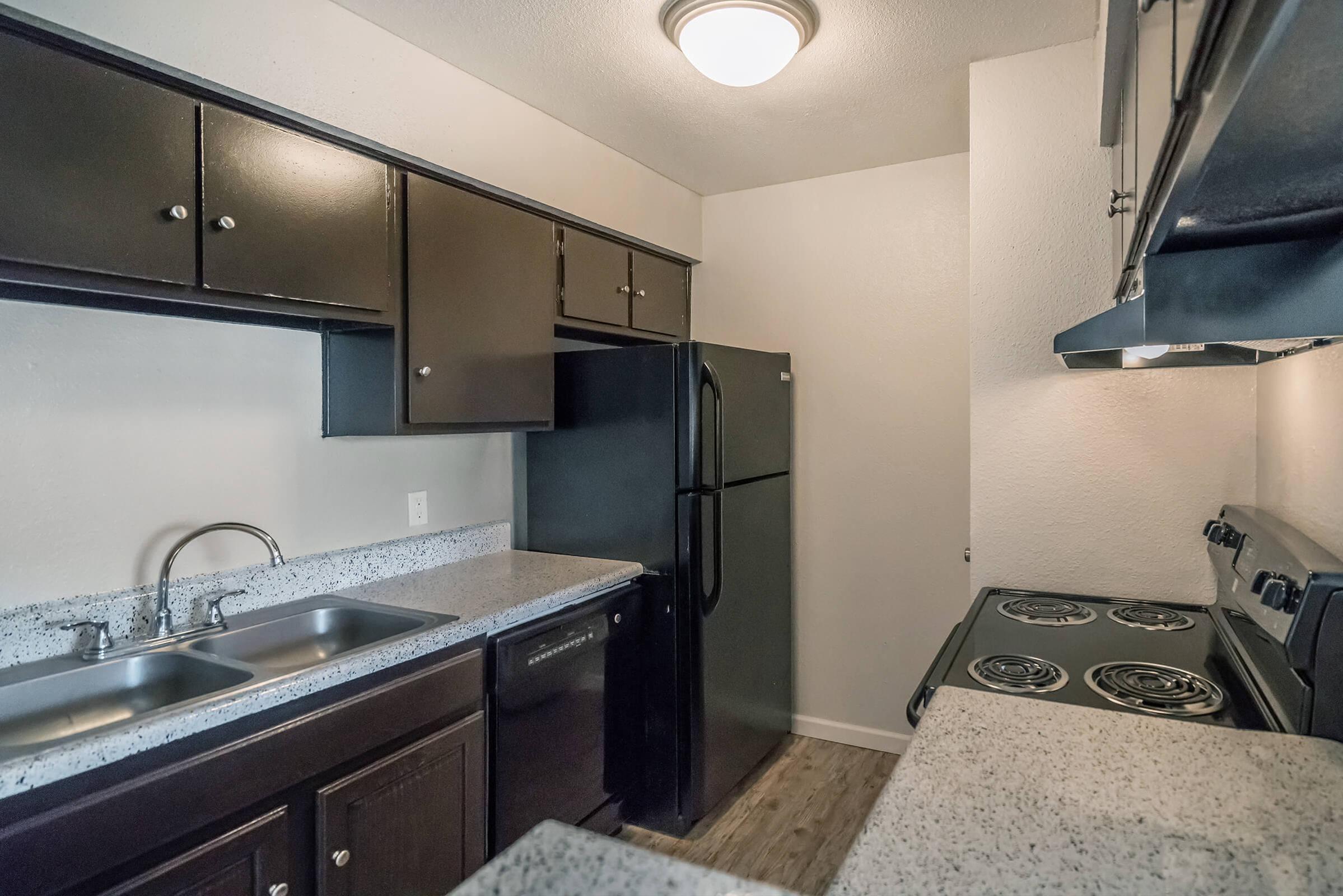 A small kitchen featuring dark wooden cabinets, a double sink, a black refrigerator, and a stove with four burners. The countertop is light-colored granite, and the walls are painted in a neutral tone. The kitchen has a ceiling light fixture and a modern, clean design.