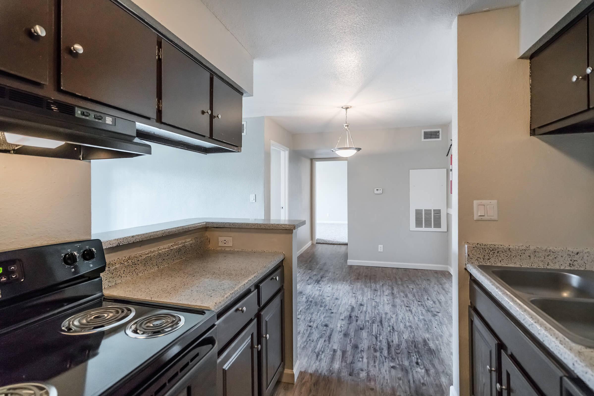 A modern kitchen with dark cabinets and granite countertops, featuring a stove and sink. The view extends into a bright living area with light gray walls and a pendant light. Hardwood-like flooring runs throughout the space, creating a welcoming atmosphere.
