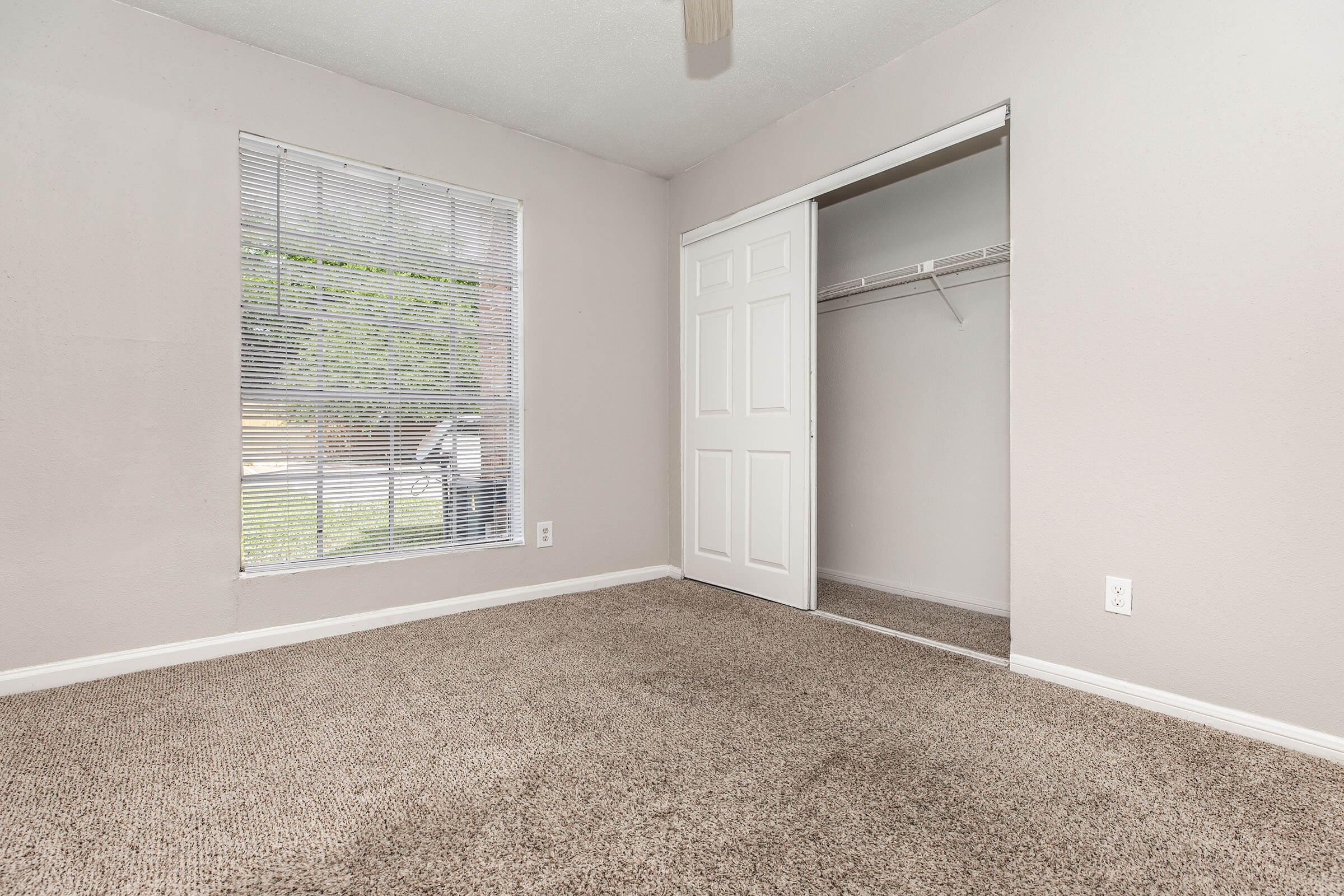 A clean, empty room with light gray walls and carpet flooring. There is a window with blinds letting in natural light on one side and a closet with a white door on the opposite side. The space is well-lit and spacious, suitable for various uses.
