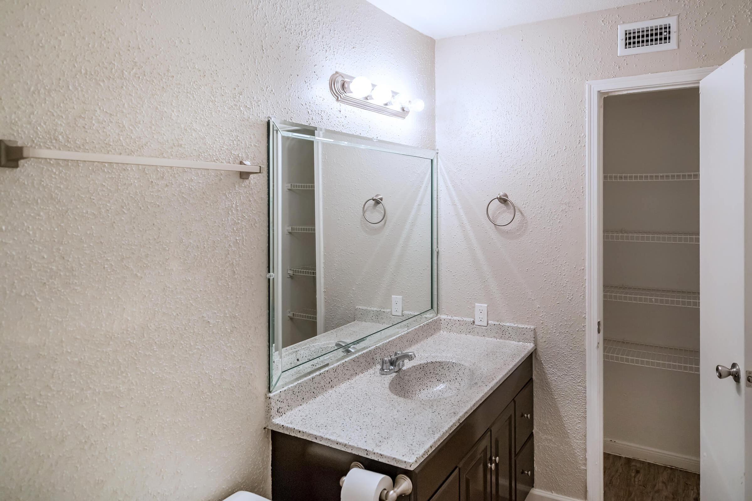 A modern bathroom featuring a light-colored textured wall, a large mirror above a granite countertop with a sink, and dark wooden cabinetry. The space includes a light fixture above the mirror, a towel ring on the wall, and a door leading to a closet or storage area. Bright, neutral lighting enhances the clean appearance.