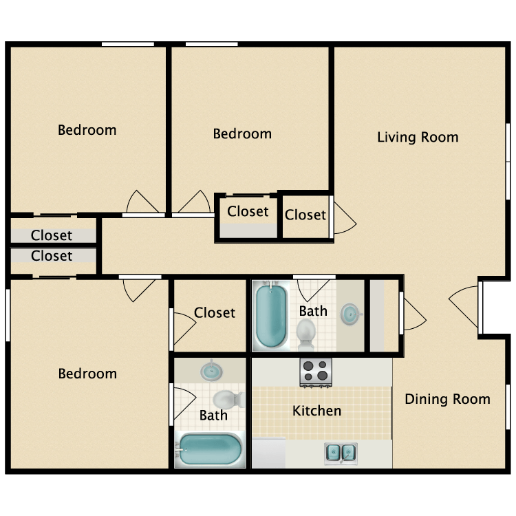 Floor plan image of Three Bedroom Fireplace