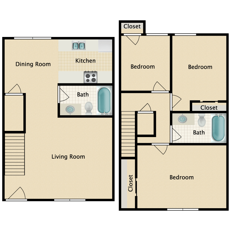 Floor plan image of Three Bedroom Townhome