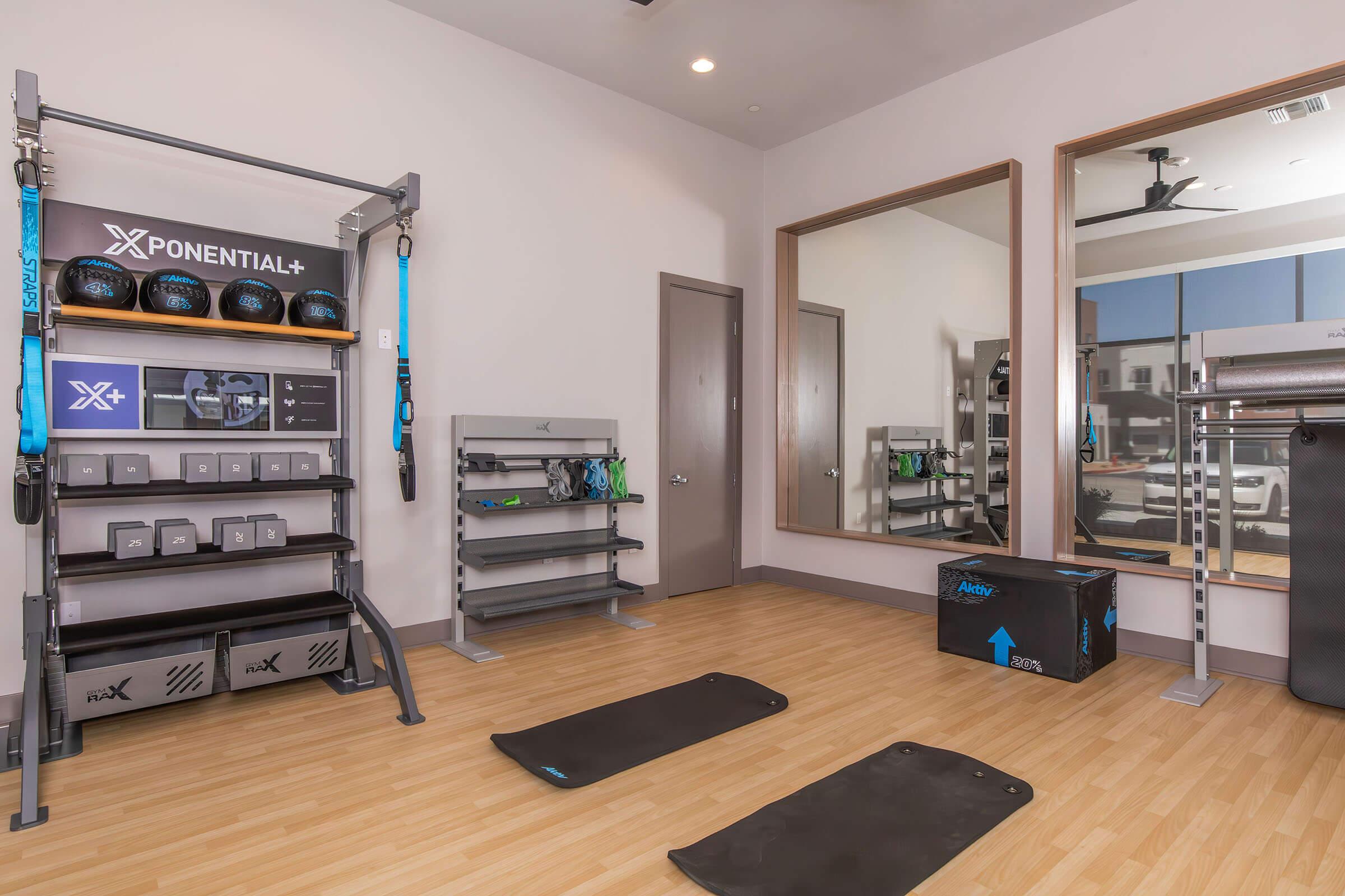 A modern fitness studio featuring a well-organized space for workouts. The room includes weights and exercise equipment on shelves, two workout mats on the floor, a large mirror reflecting the interior, and a ceiling fan for ventilation. Bright and inviting atmosphere.