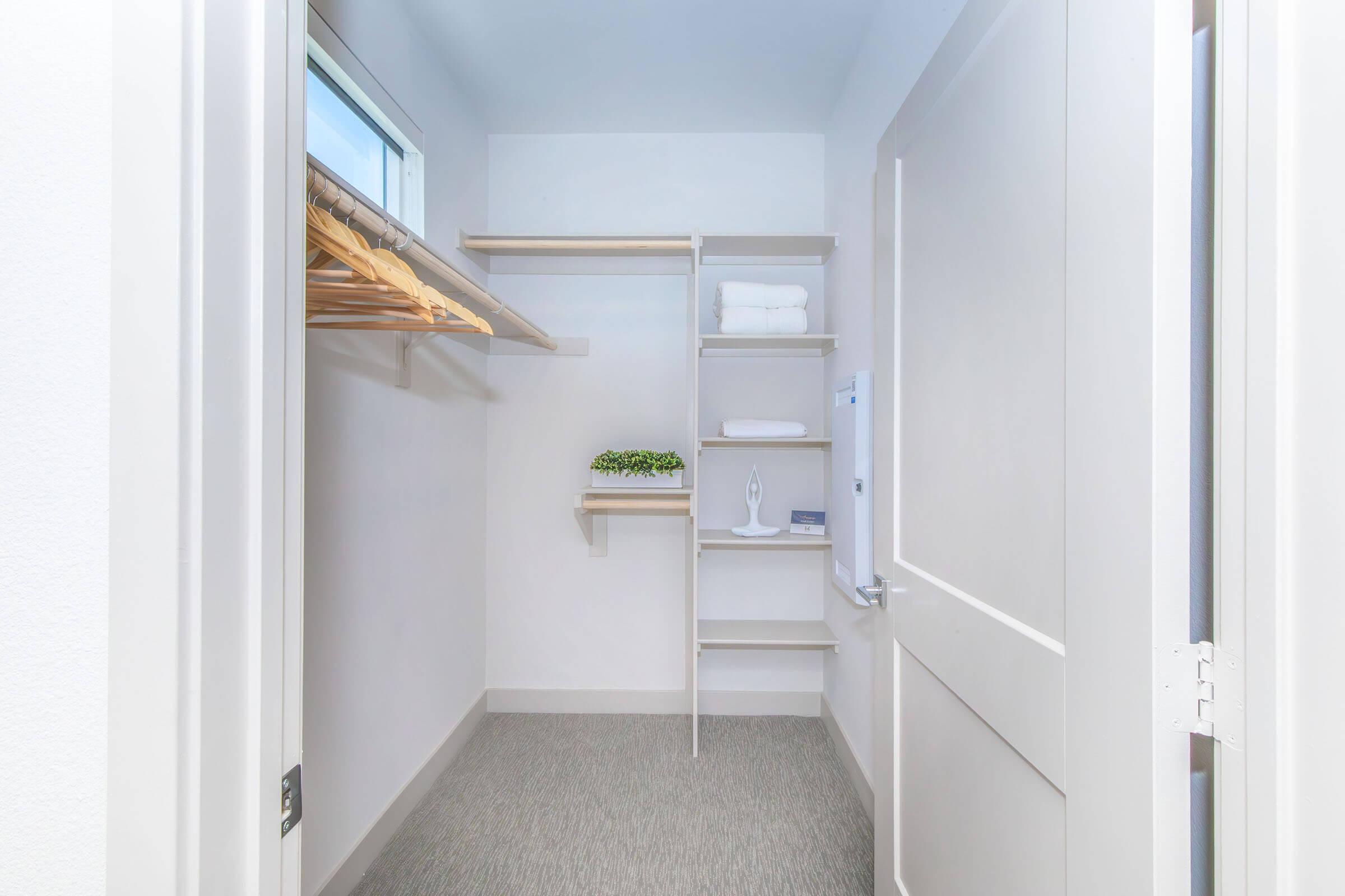 A neatly organized closet featuring light-colored shelving, wooden hangers, folded towels, and a small decorative plant. The walls are painted a soft color, and there's a window allowing natural light to enter. The floor is covered with a light gray carpet.