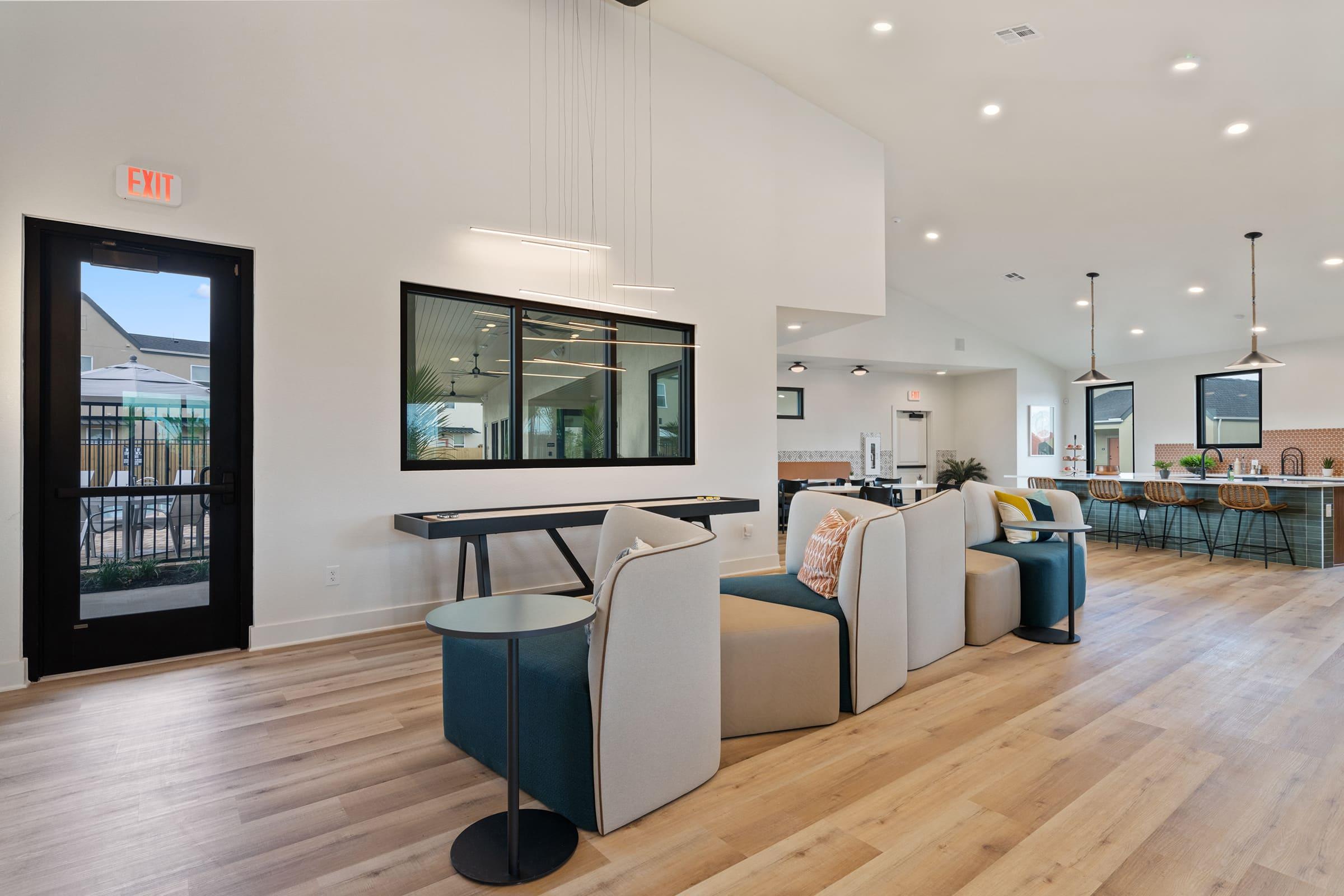 a view of a living room with a wood floor