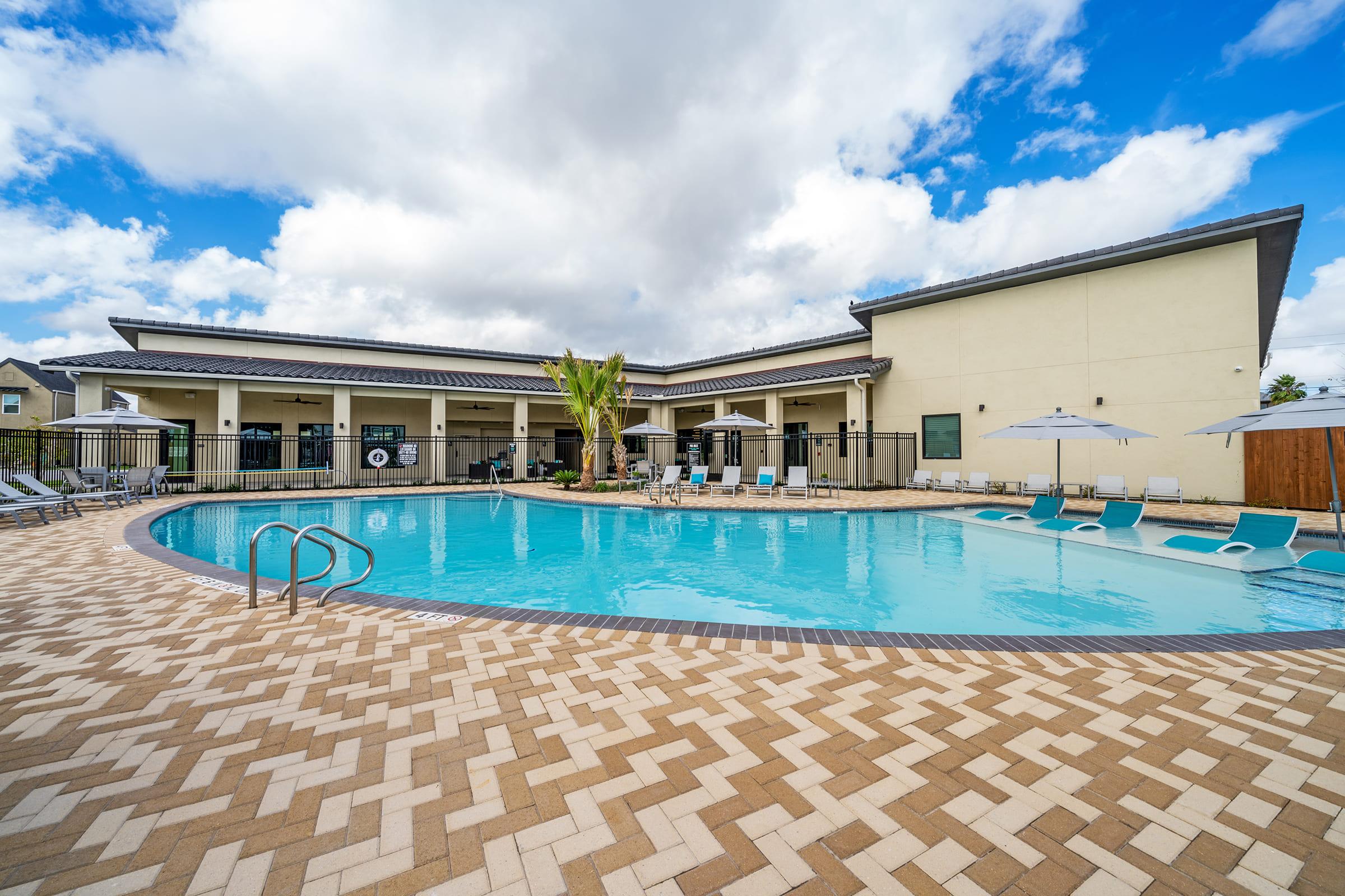 a pool next to a building