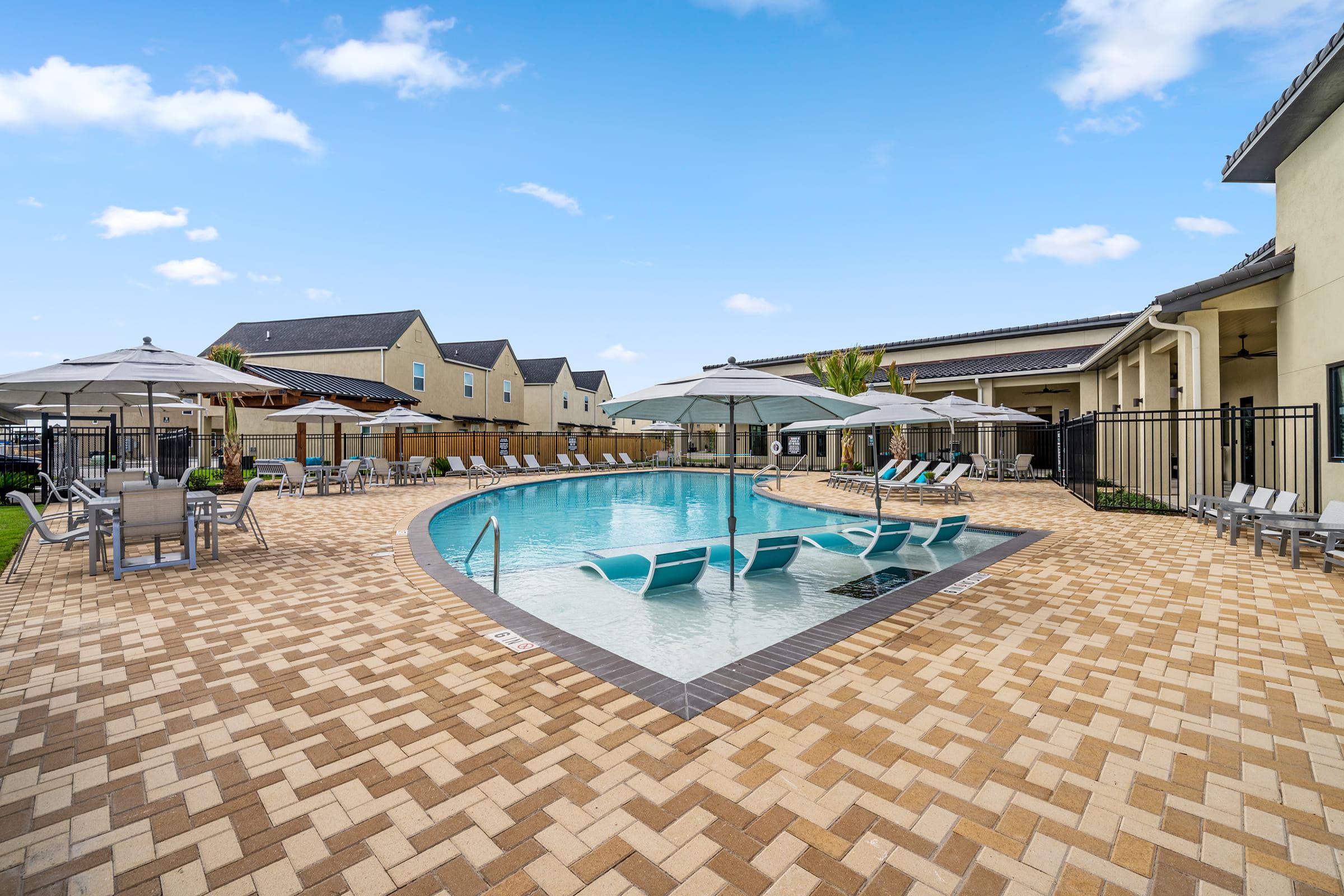 a pool next to a building