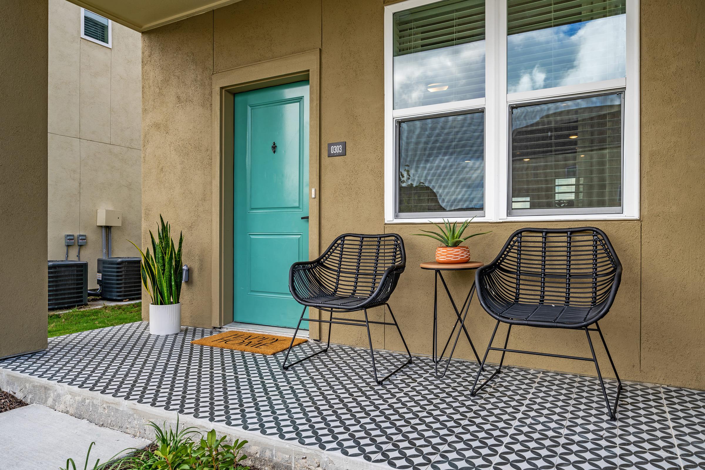 a bench in front of a building