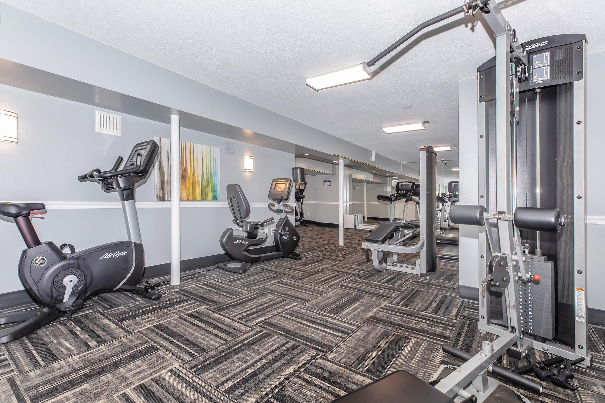 A modern gym interior with exercise equipment including stationary bicycles, a treadmill, and a multi-station weight machine. The space features gray walls, decorative wall art, and a patterned carpet, creating a bright and inviting atmosphere for workouts.