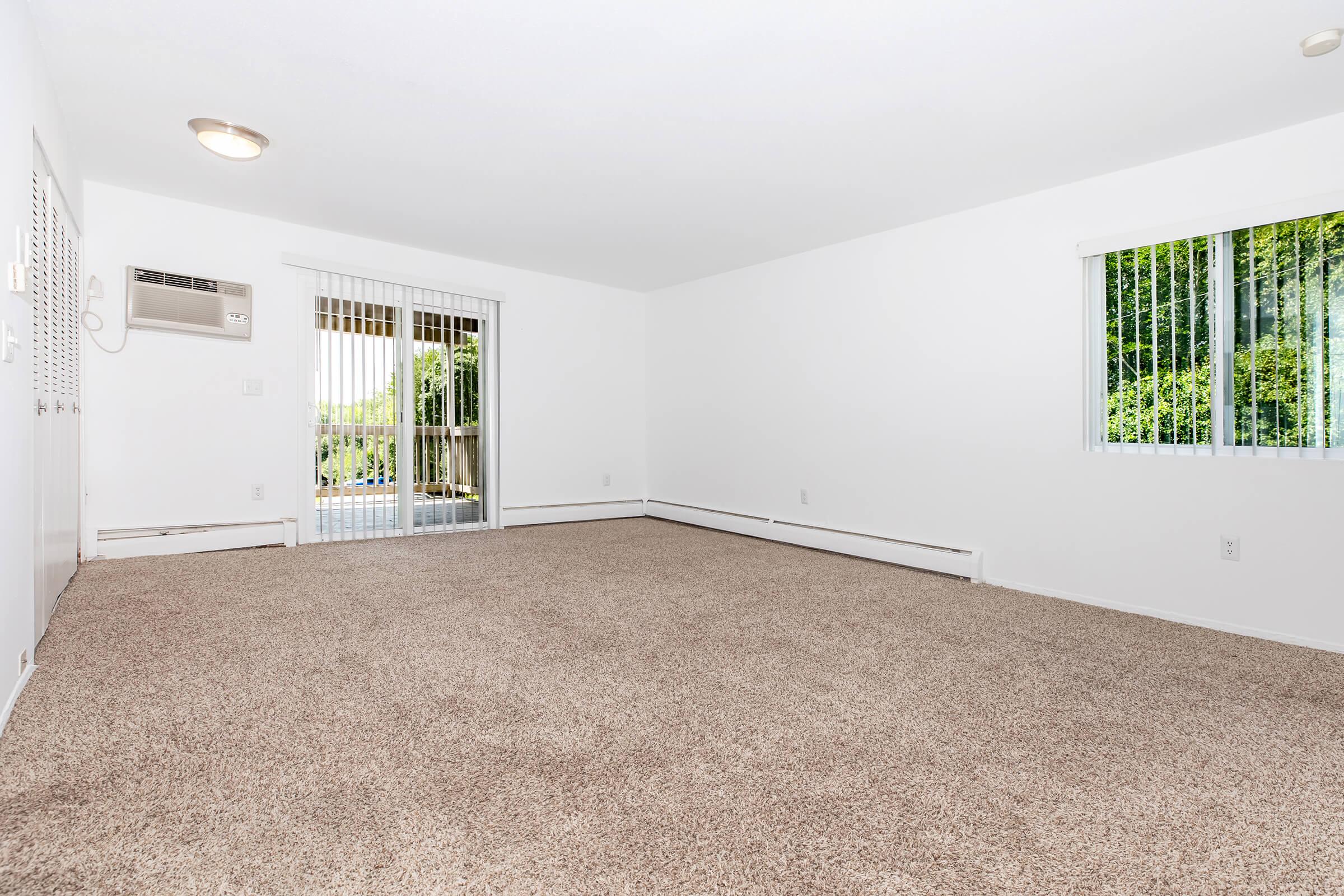 A spacious, empty living room with beige carpet, white walls, and a sliding glass door leading to an outdoor area. Natural light enters through the door and a window with vertical blinds. An air conditioning unit is mounted on the wall. The room has a clean, minimalistic appearance.
