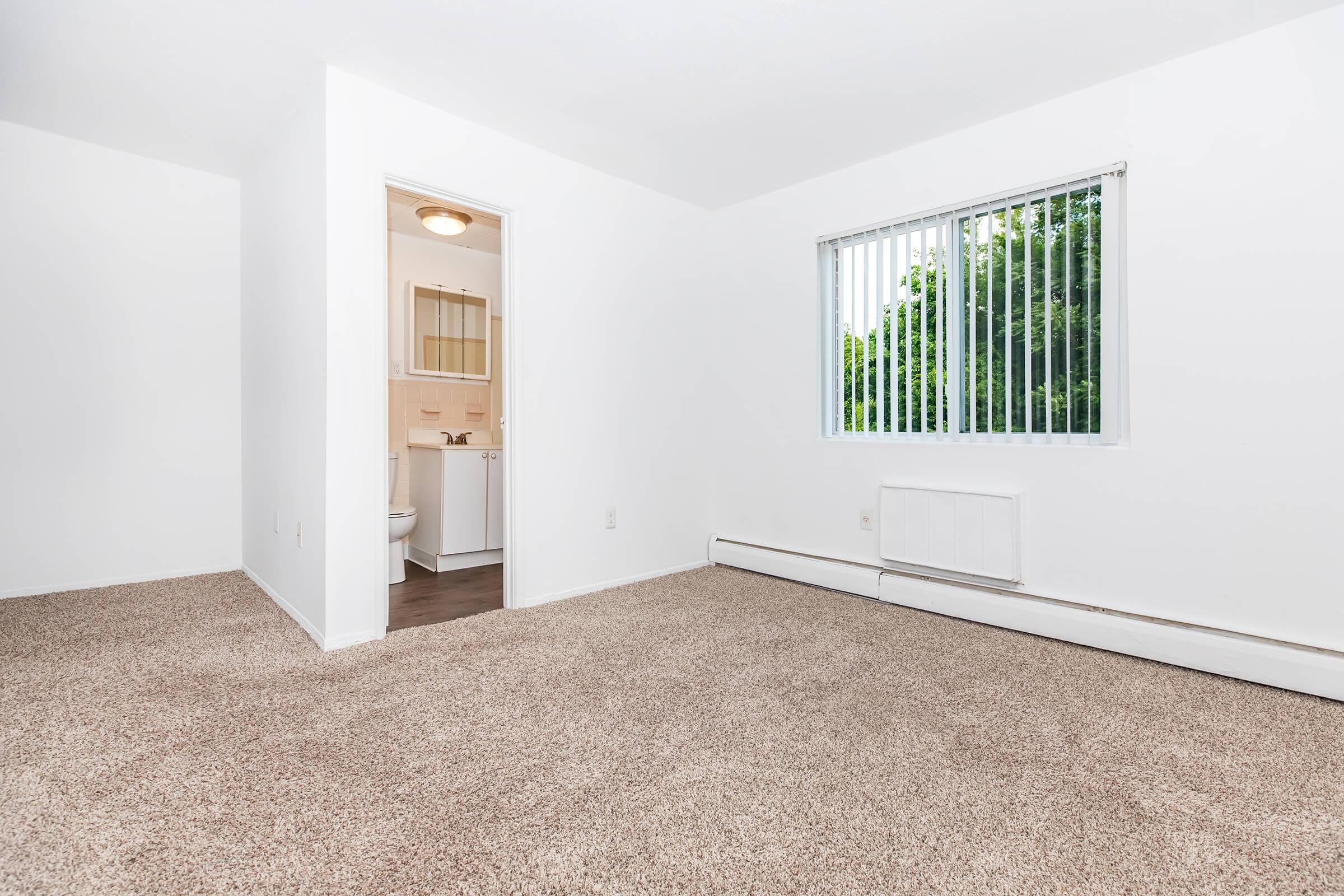 A spacious, carpeted room with white walls and a large window letting in natural light. A doorway leads to a bathroom visible in the background, and there is a heating unit along the wall. Green foliage is visible outside the window, adding a touch of nature to the space.