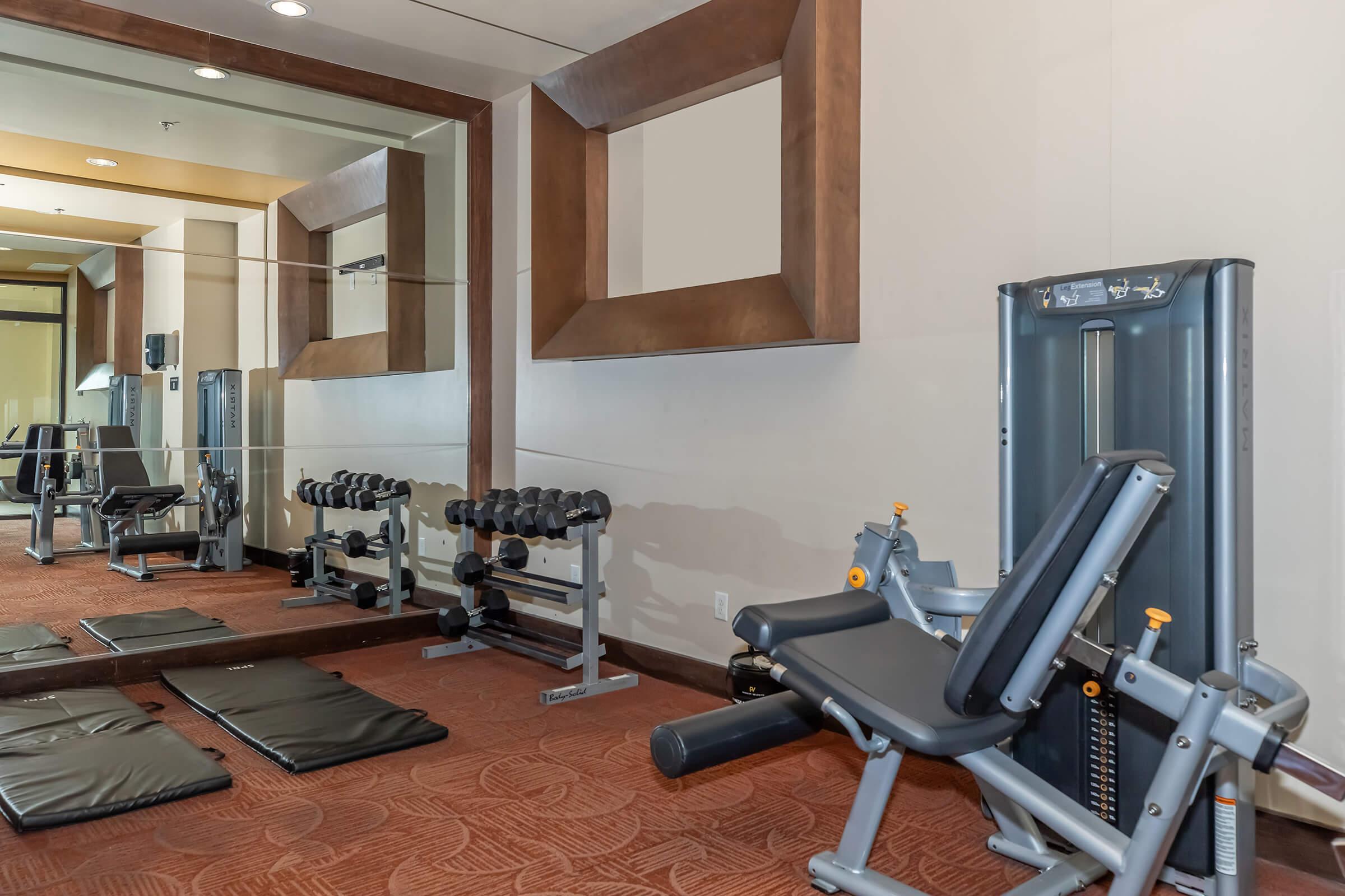 A modern gym interior featuring exercise equipment, including dumbbells on a rack, a weight machine, and a bench. The space is bright with a large mirror reflecting the gym area, and there are padded mats on the floor for workouts. The walls are finished in neutral tones with decorative frames.