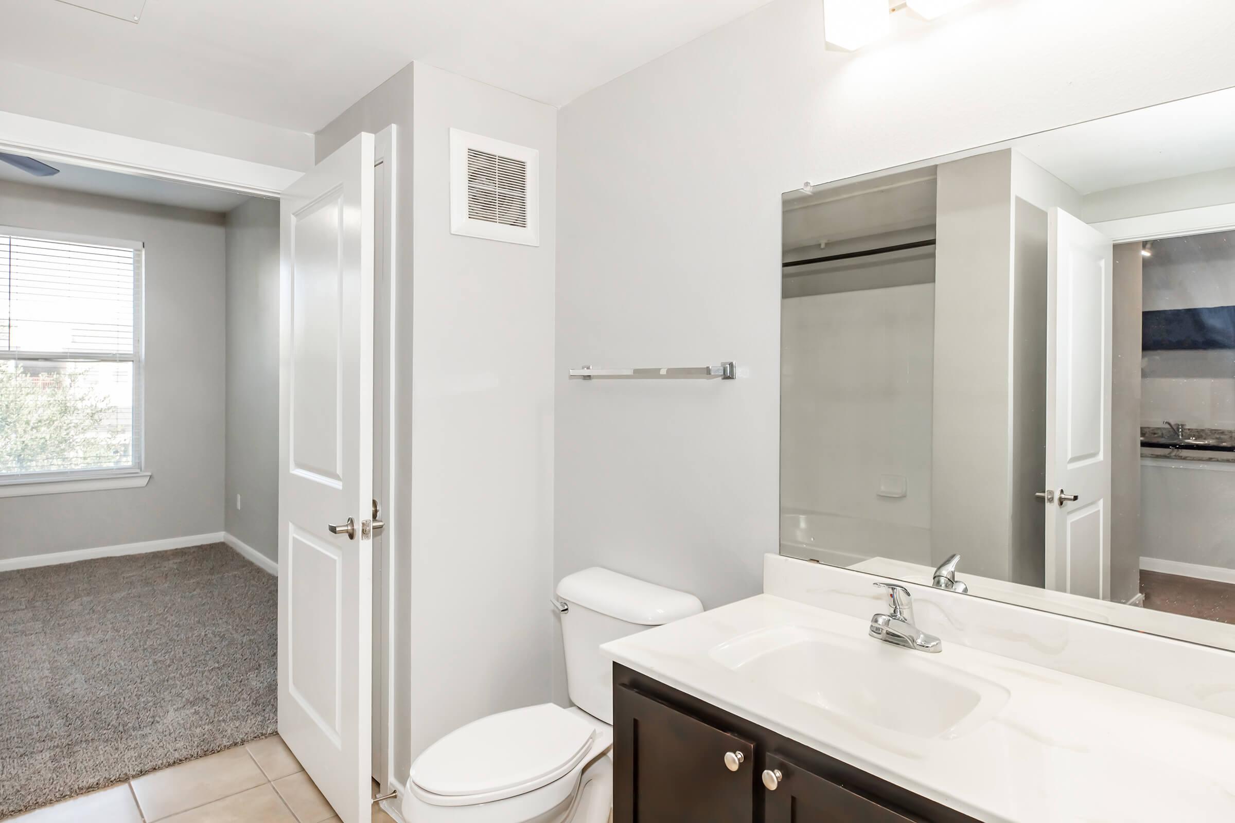 A modern bathroom featuring a vanity with a sink, a toilet, and a large mirror. The walls are painted light gray, and there is a window allowing natural light. Beyond the bathroom, a carpeted area with a door leading to another room is visible, creating an open and spacious feel.