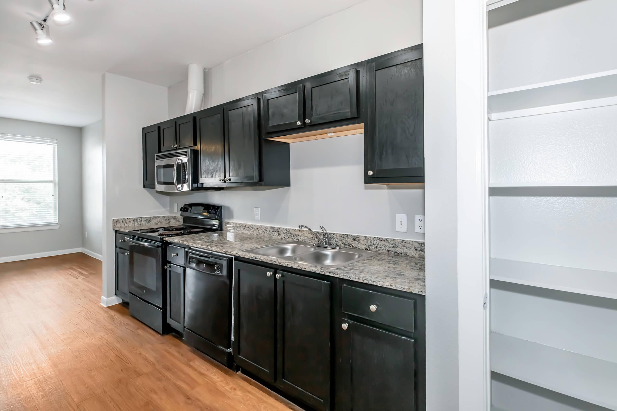 Modern kitchen with dark cabinetry, granite countertops, stainless steel appliances including a microwave, stove, and dishwasher. A double sink is visible. Light-colored walls and a spacious layout lead to a wood-style floor, while shelves can be seen in a nearby pantry area. Abundant natural light enters through a window.