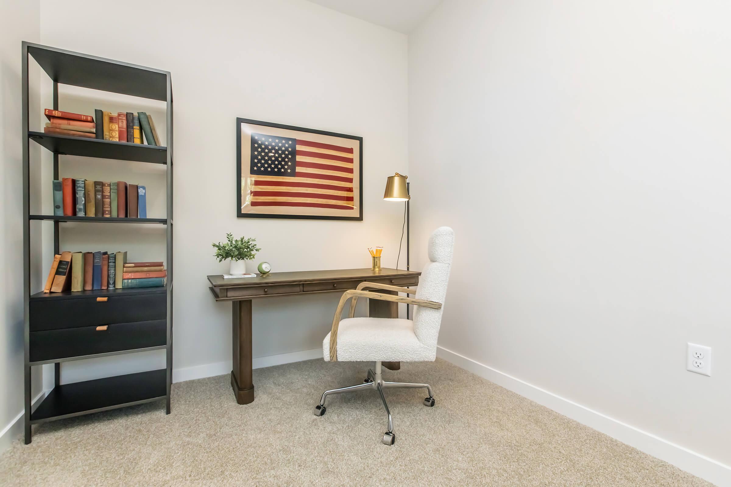 a room with a book shelf