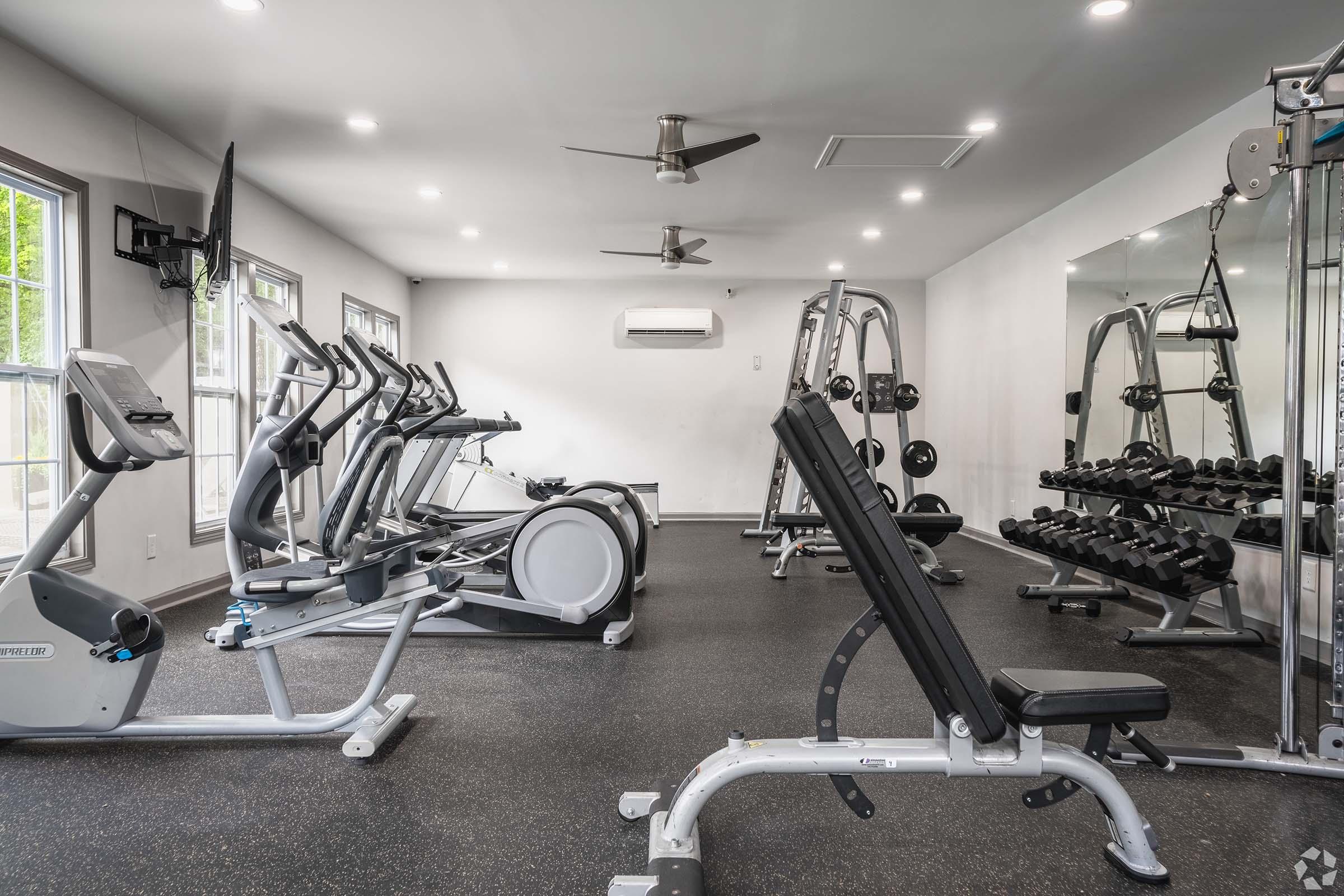 A well-equipped gym featuring various exercise machines, including treadmills, an elliptical, a weight bench, and a set of dumbbells. The space is well-lit with natural light from large windows and has a modern feel, complete with ceiling fans and a wall-mounted TV.