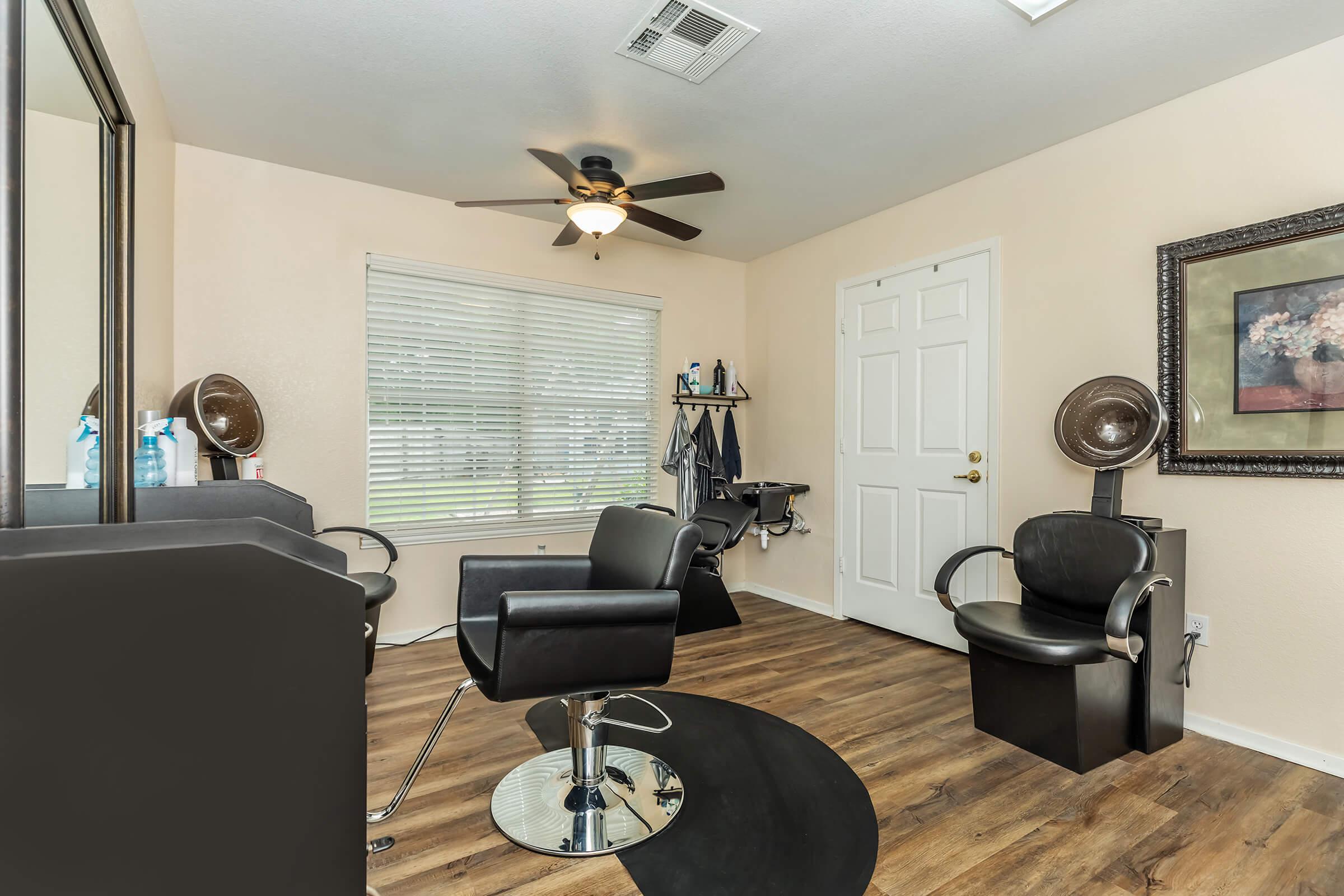 a living room with a leather chair