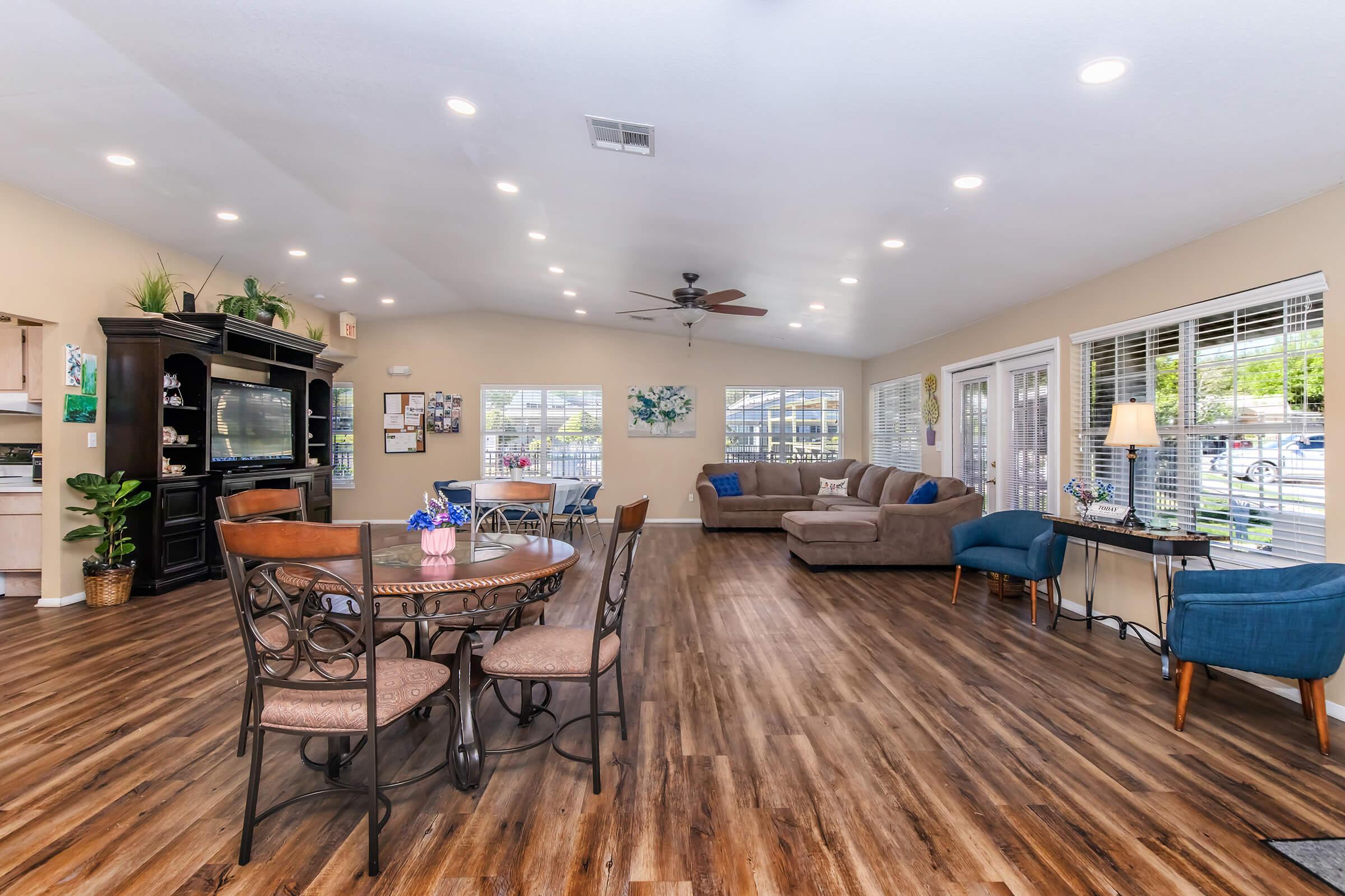 A spacious living area with a dining table and chairs, a comfortable sofa, and blue accent chairs. The room features large windows allowing natural light, a ceiling fan, and wooden flooring. There is a television mounted on a black entertainment unit, decorative artwork on the walls, and plants for a cozy atmosphere.