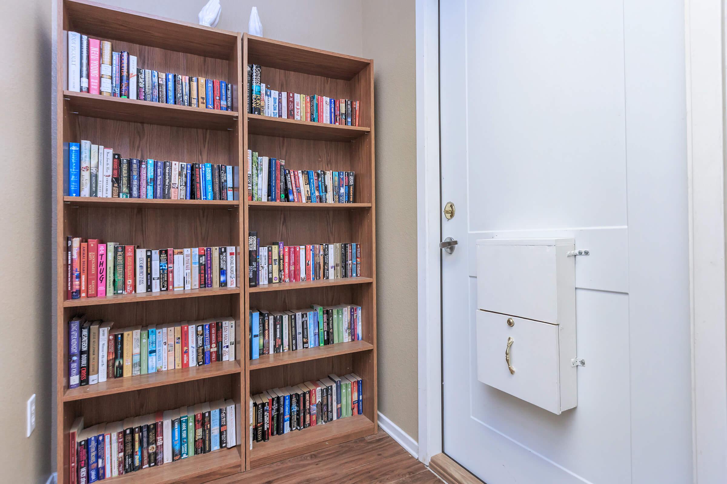 a book shelf filled with books