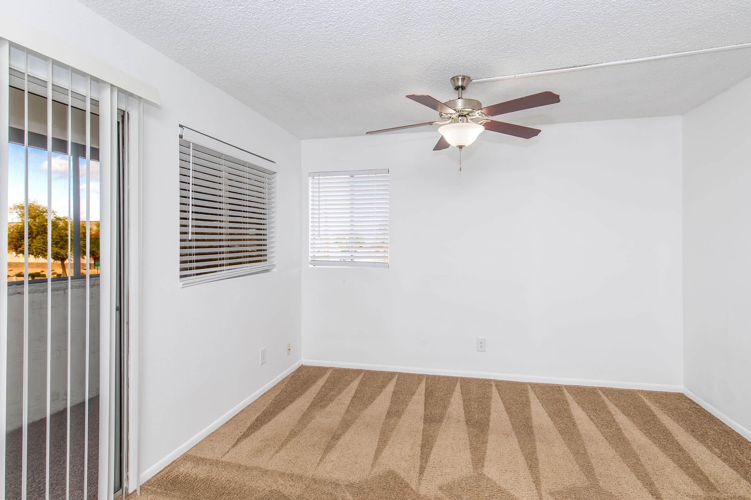 Empty room featuring beige carpet, a ceiling fan with light, and two windows with blinds. One window has a sliding door leading outside. The walls are painted white, creating a bright and airy atmosphere.