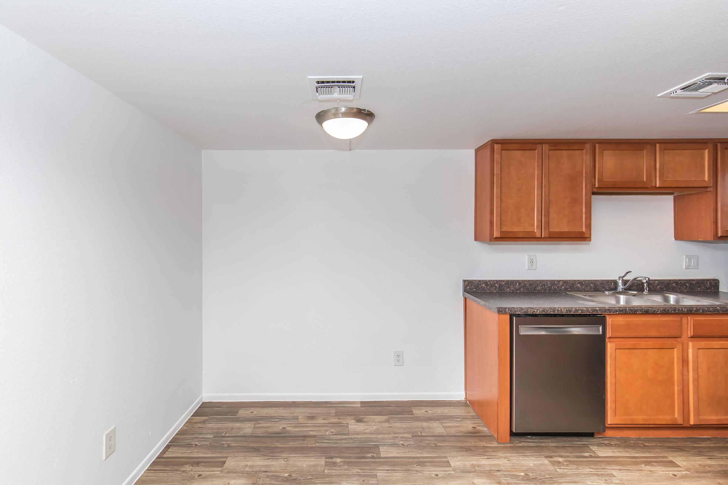 Interior view of a modern kitchen featuring wooden cabinets, a stainless steel dishwasher, and a countertop with a sink. The space has a clean, minimalistic design with white walls and laminate flooring. A ceiling light fixture is visible.
