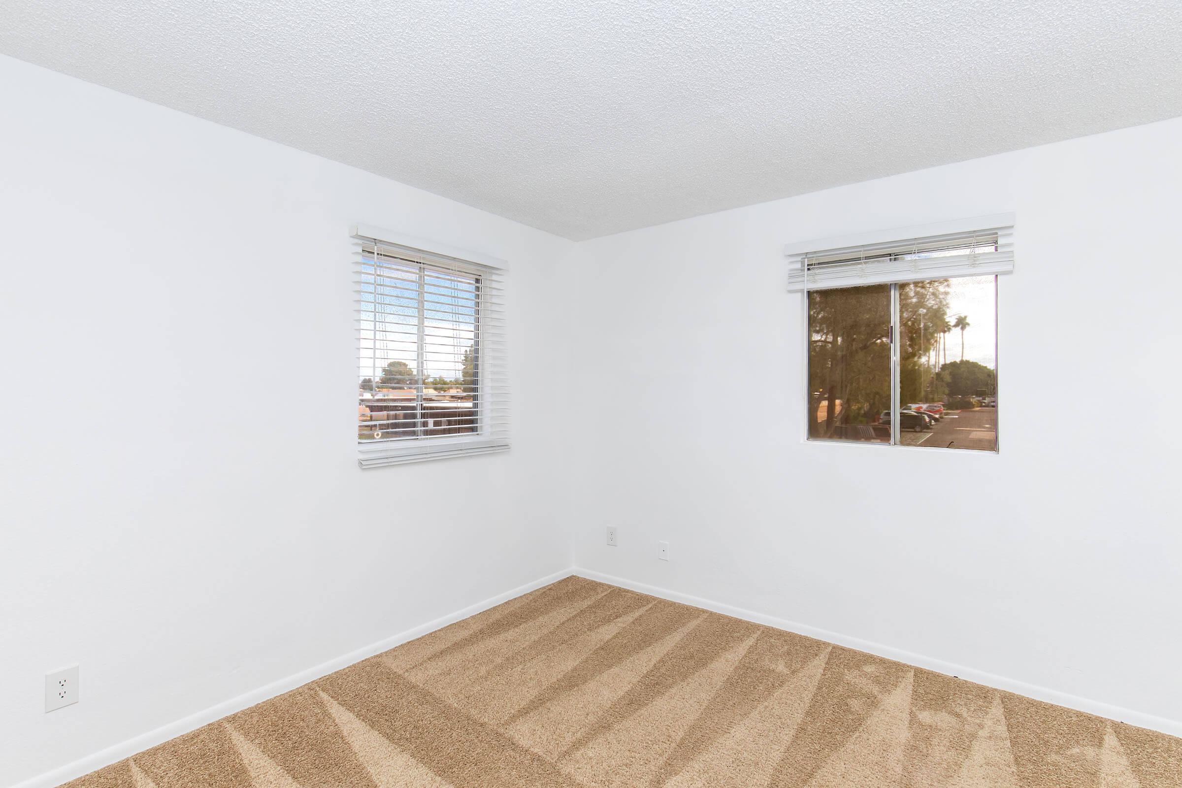 Empty room with light beige carpet, white walls, and two windows with blinds. Natural light enters through the windows, offering a view outside. The room appears spacious and well-lit, creating a clean and minimalistic atmosphere. No furniture is present, making it an ideal canvas for personal decoration.