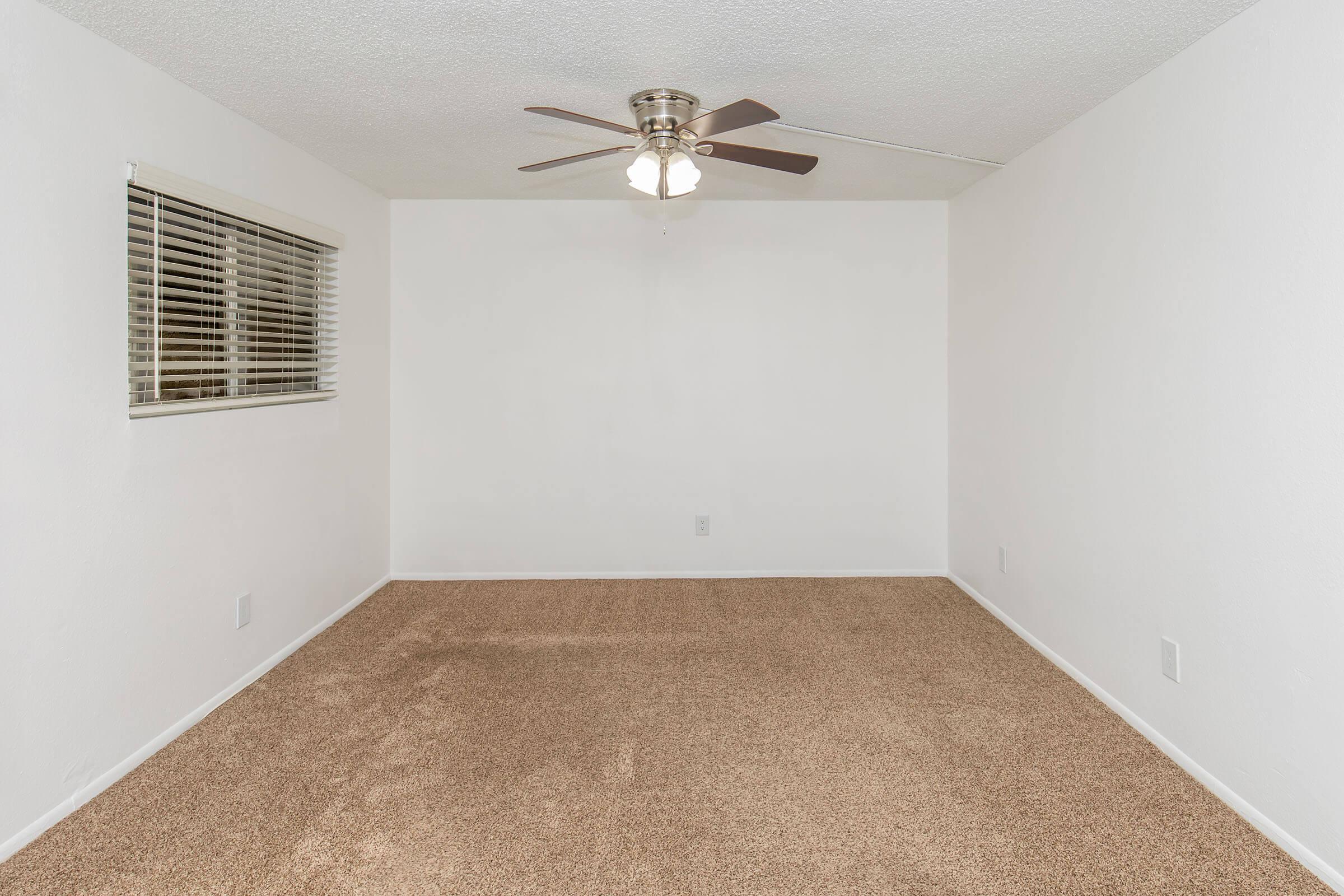 Empty room with light beige carpet, white walls, and a ceiling fan with five blades. There is a small window with blinds on one wall, allowing natural light to enter. The overall space has a clean and simple aesthetic, suitable for various uses.