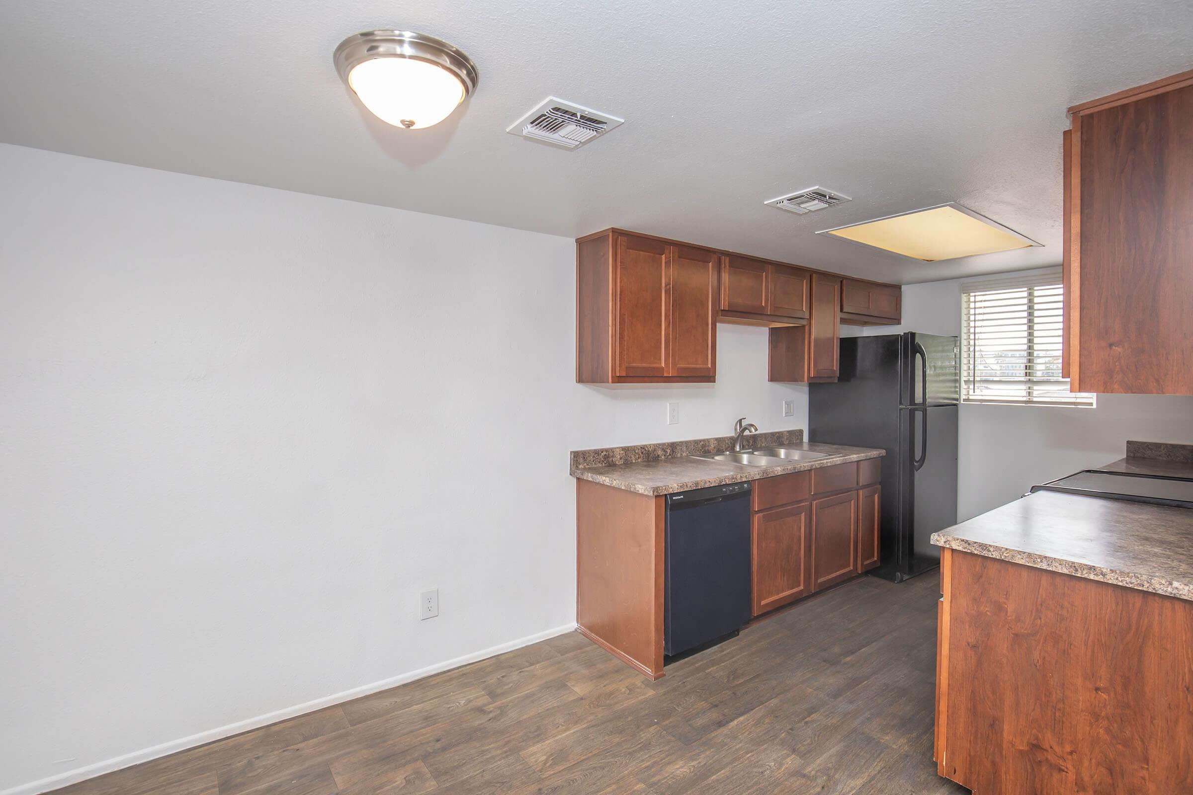 Modern kitchen featuring wood cabinetry, a countertop, a double sink, a dishwasher, and a black refrigerator. The room has a neutral-colored wall and vinyl flooring, with a ceiling light fixture and a window providing natural light.
