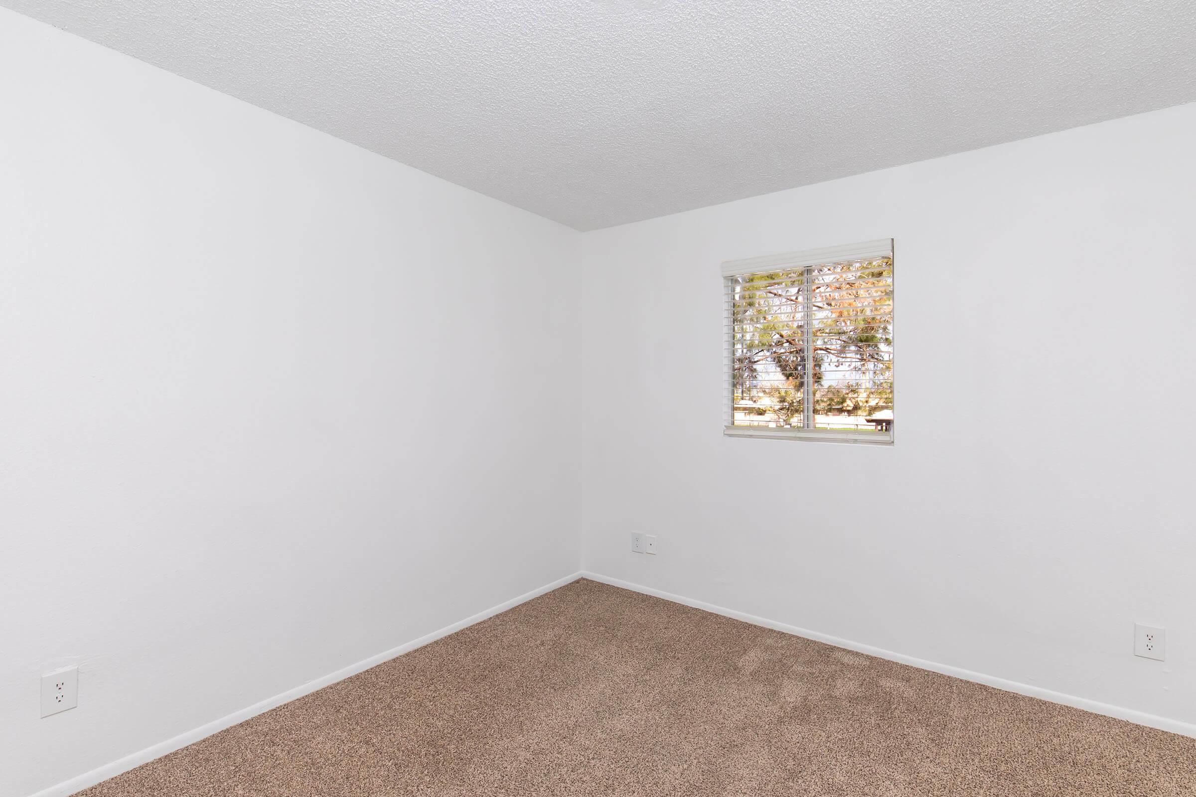 Empty room with white walls and a window. The floor is covered in light brown carpet, and the window has light-colored blinds. Natural light filters in through the window, illuminating the space. The room appears to be freshly painted and well-maintained, offering a blank canvas for decoration.