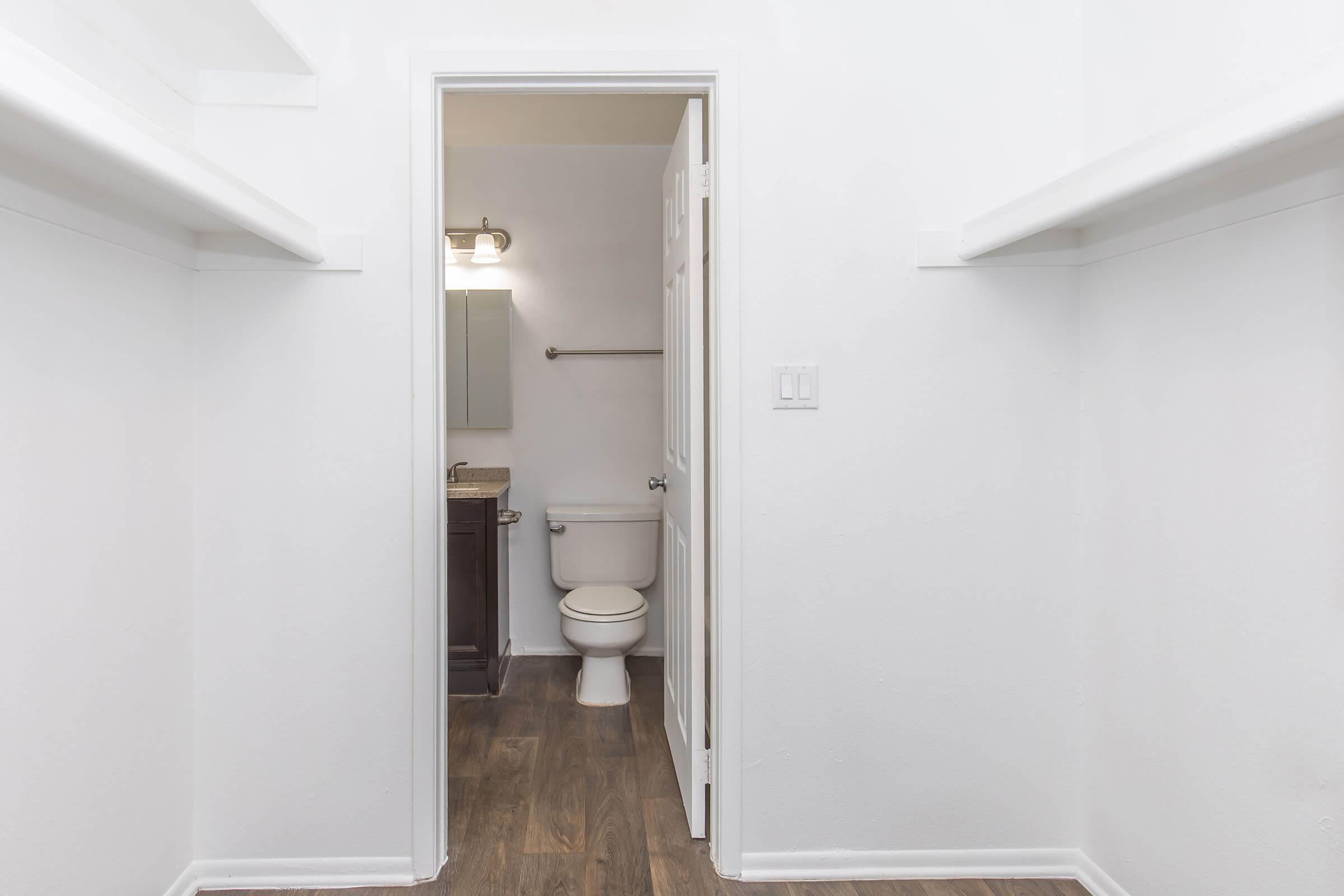 A clear view of a small bathroom through an open door, featuring a white toilet and a mirror above a dark wood vanity. The surrounding walls are painted white, and shelves are visible on either side of the door frame. The floor has a wood-like appearance, creating a clean, minimalistic look.