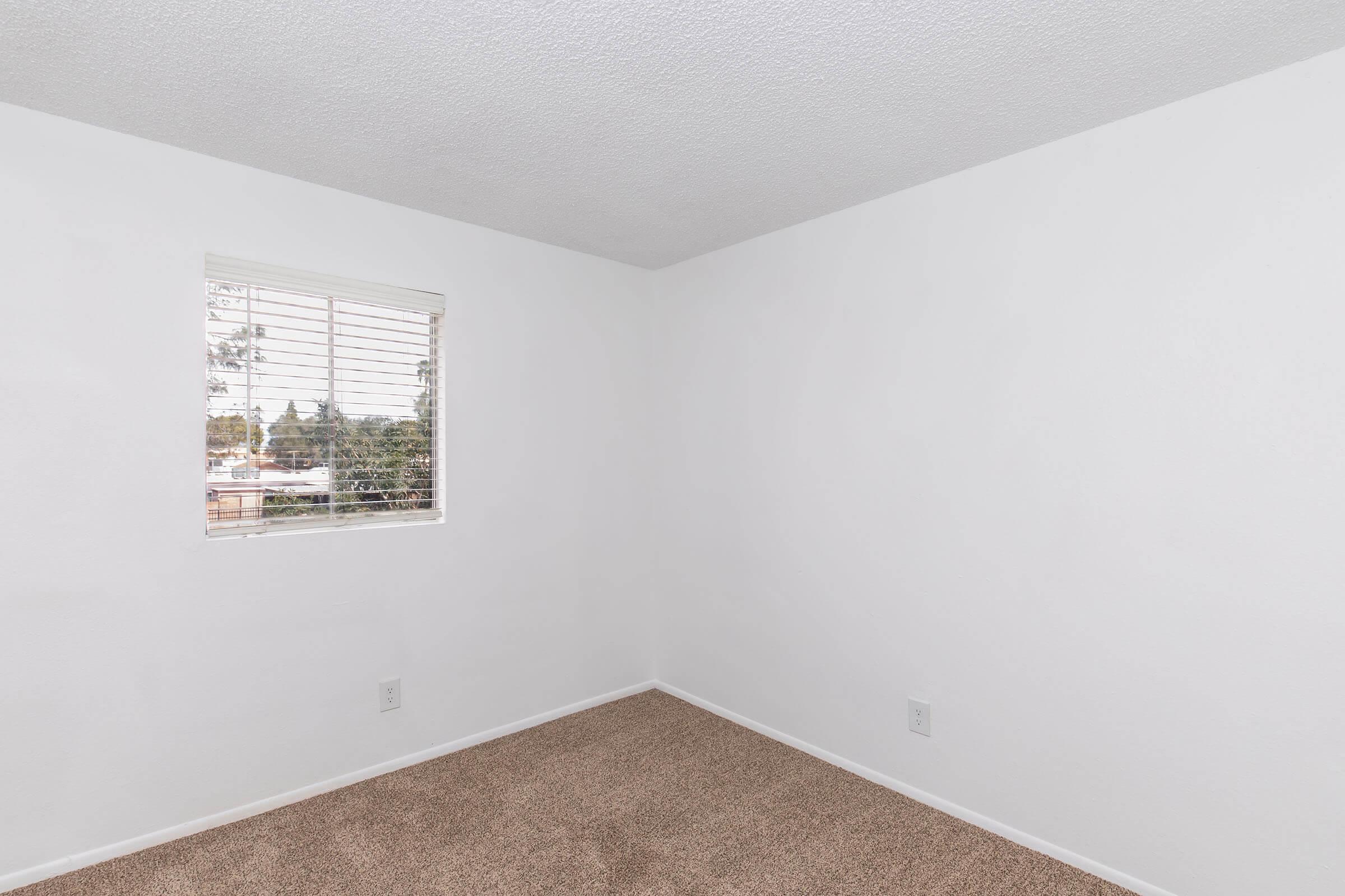 Empty room with white walls and carpeted flooring. A small window with blinds allows natural light to enter, revealing a view of outdoor greenery. The space is minimalistic, featuring no furniture or decorations.