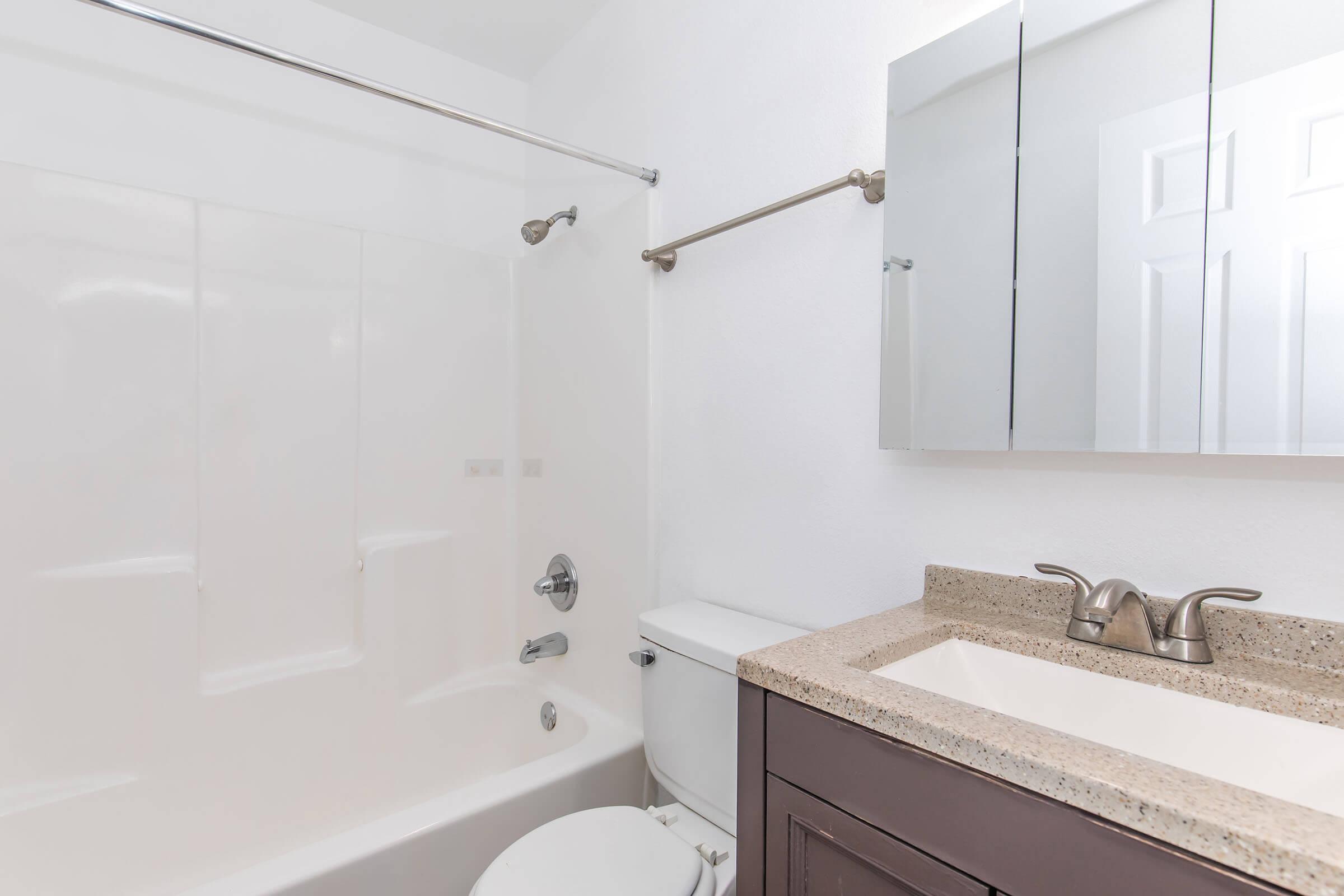 A clean, modern bathroom featuring a bathtub with a shower, a toilet, and a vanity with a granite countertop. The wall is painted white, and there is a mirror above the sink with cabinets to the side. The overall decor is simple and functional.