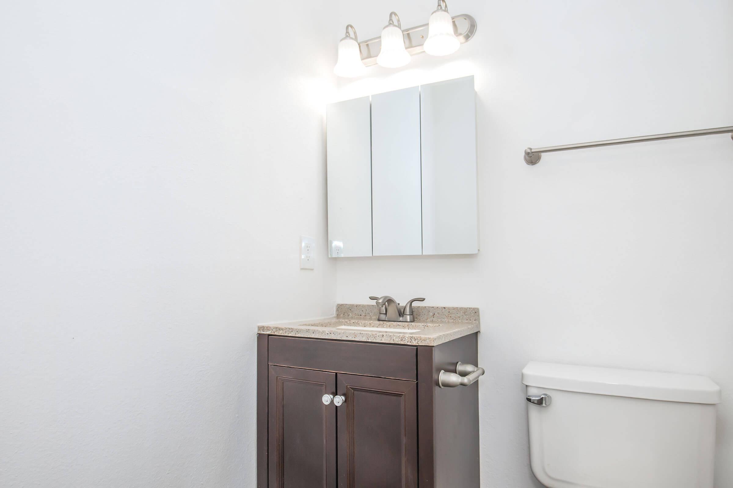 A clean and modern bathroom featuring a dark wooden vanity with a granite countertop, a wall-mounted mirror with three light fixtures above, and a white toilet beside it. The walls are painted white, creating a bright and spacious ambiance.