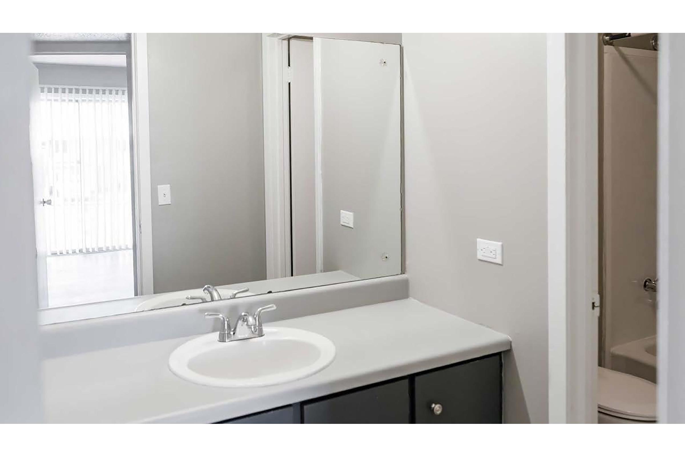 A clean, modern bathroom featuring a single sink with a smooth countertop, a large mirror above the sink, and gray cabinetry. In the background, there is a glimpse of a shower stall and a doorway leading to another room with natural light visible through blinds.