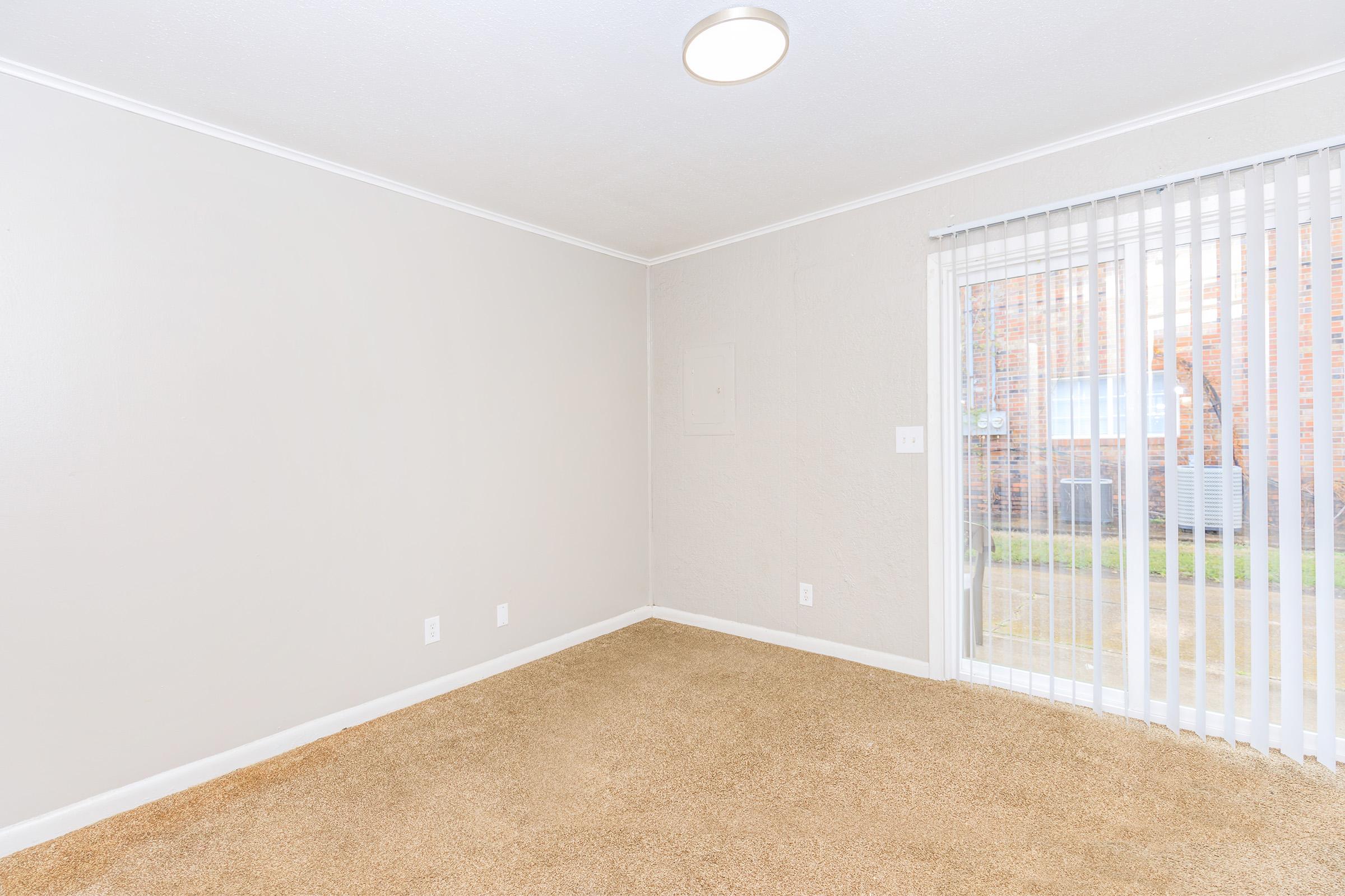 Empty room with light brown carpet and gray walls. A sliding glass door with vertical blinds allows natural light to enter, leading to an outdoor area. The space is uncluttered and ready for furniture placement.