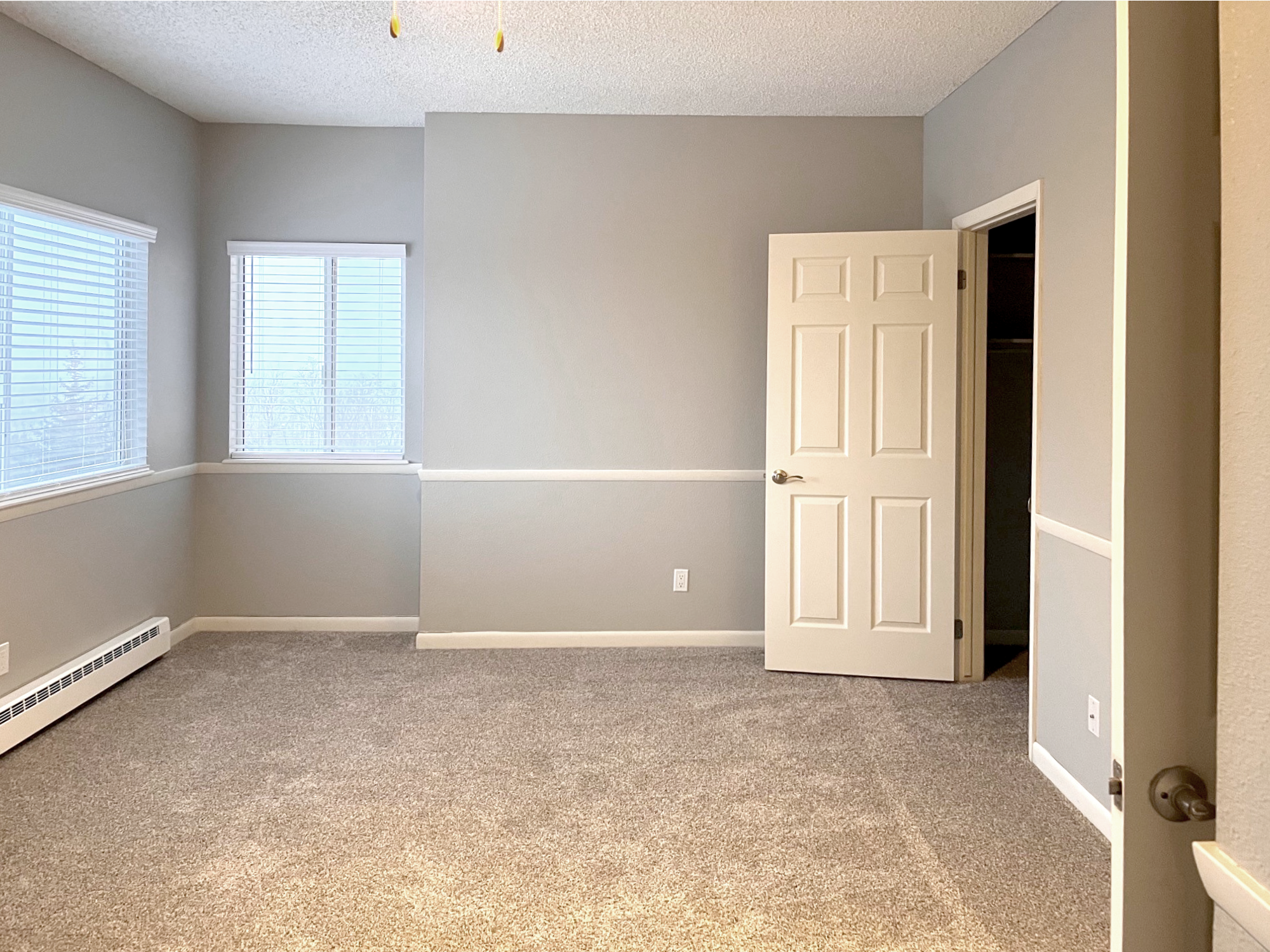 A well-lit, empty room featuring gray walls and a light carpet. Two windows on the left allow natural light to enter, while a white door on the right leads to a closet. The space has a clean and minimalist design, with baseboards and a ceiling light fixture visible.