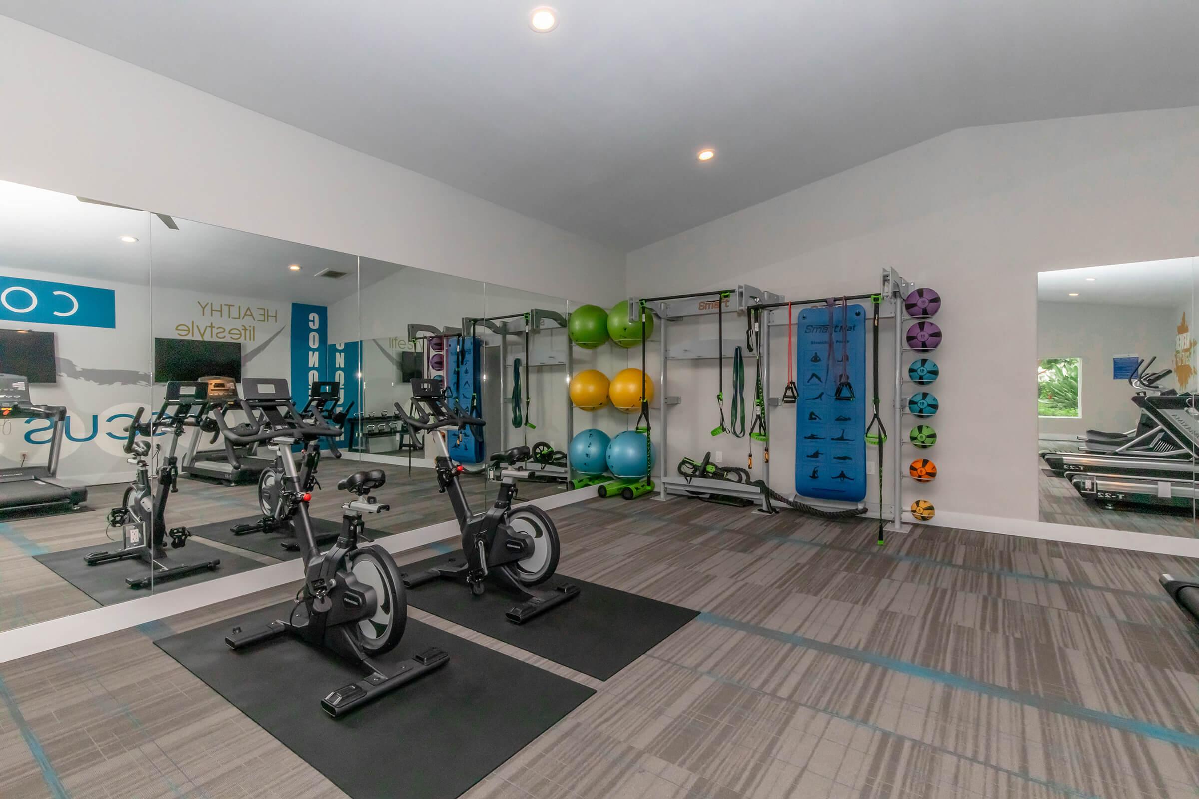 A modern home gym featuring exercise bikes, stability balls, resistance bands, and a mirrored wall. The space is well-lit with neutral-colored flooring and walls, creating an inviting atmosphere for fitness activities. Various workout equipment is neatly arranged for convenience and functionality.