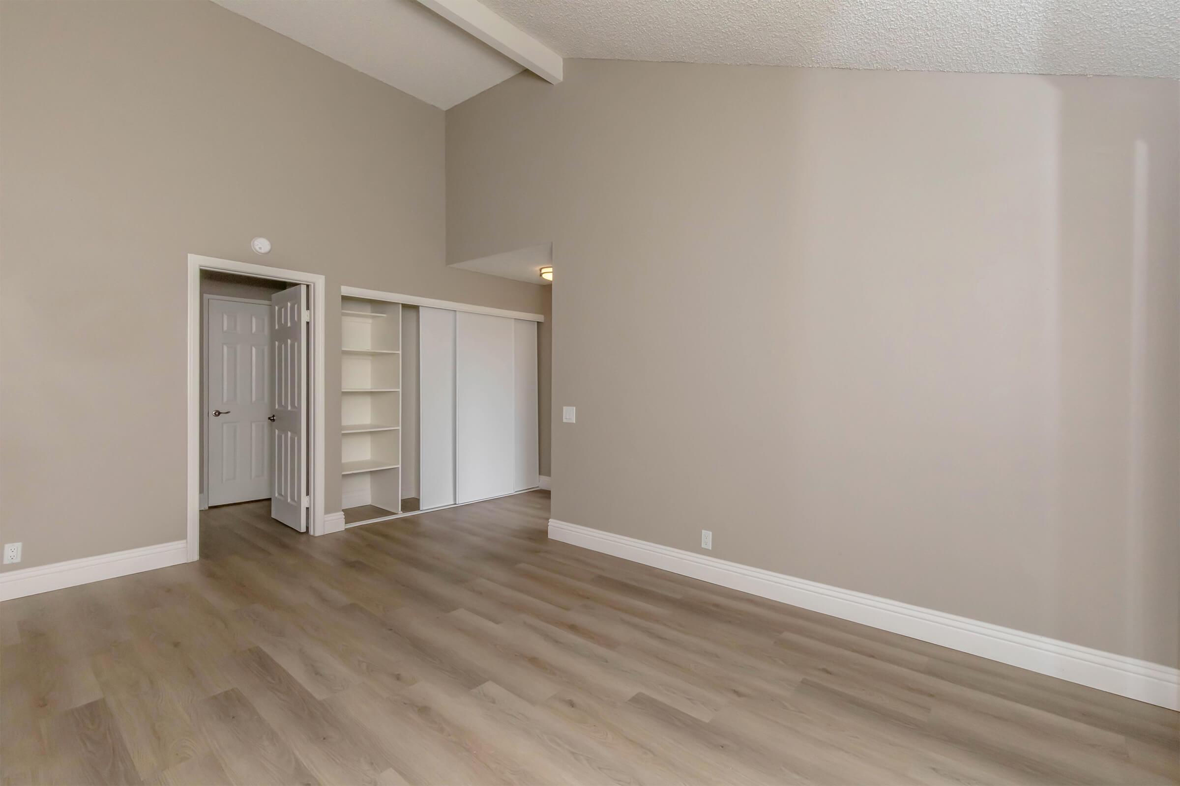 Spacious interior of a room featuring light-colored walls, a high ceiling, and laminate flooring. On the left, there is a closed door leading to another space. Adjacent to it is a closet with sliding doors and some built-in shelving. Natural light brightens the area, creating an inviting atmosphere.